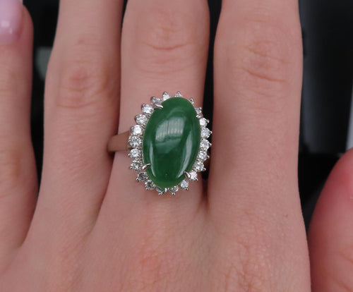 5.95ct Natural Green Jadeite Jade 0.75ct Diamond Platinum Ring Size 8.5