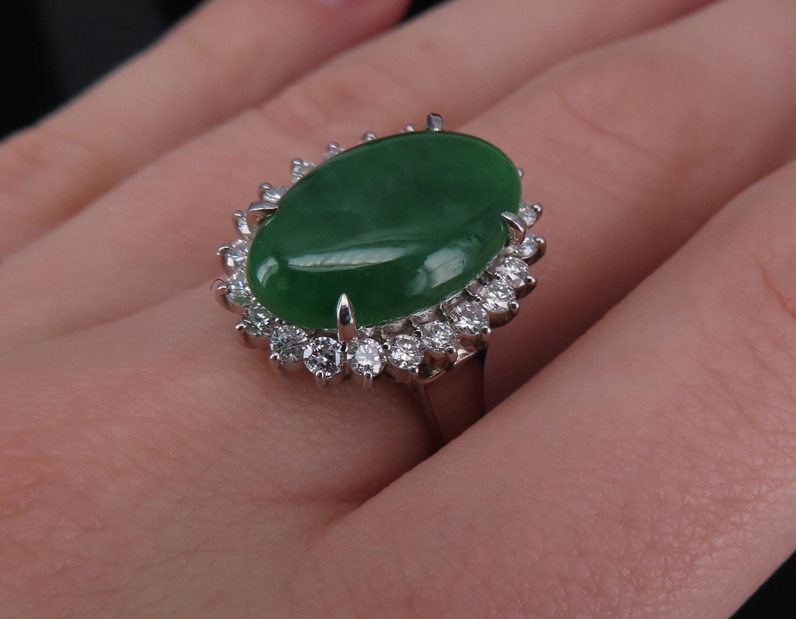 5.95ct Natural Green Jadeite Jade 0.75ct Diamond Platinum Ring Size 8.5