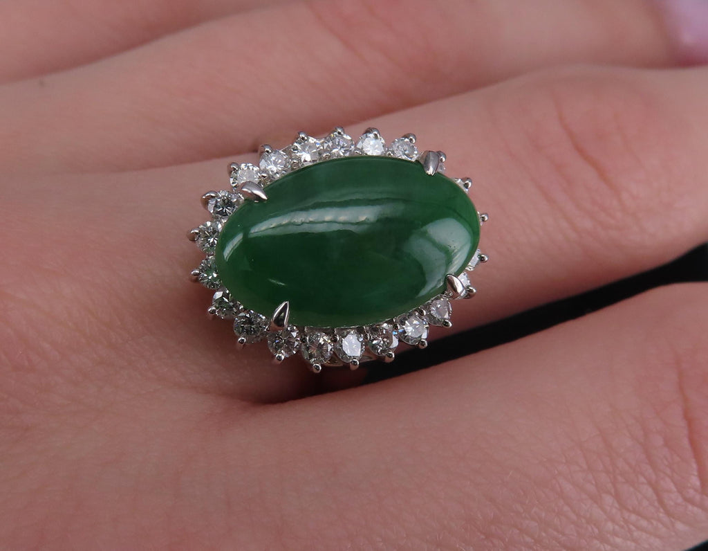 5.95ct Natural Green Jadeite Jade 0.75ct Diamond Platinum Ring Size 8.5