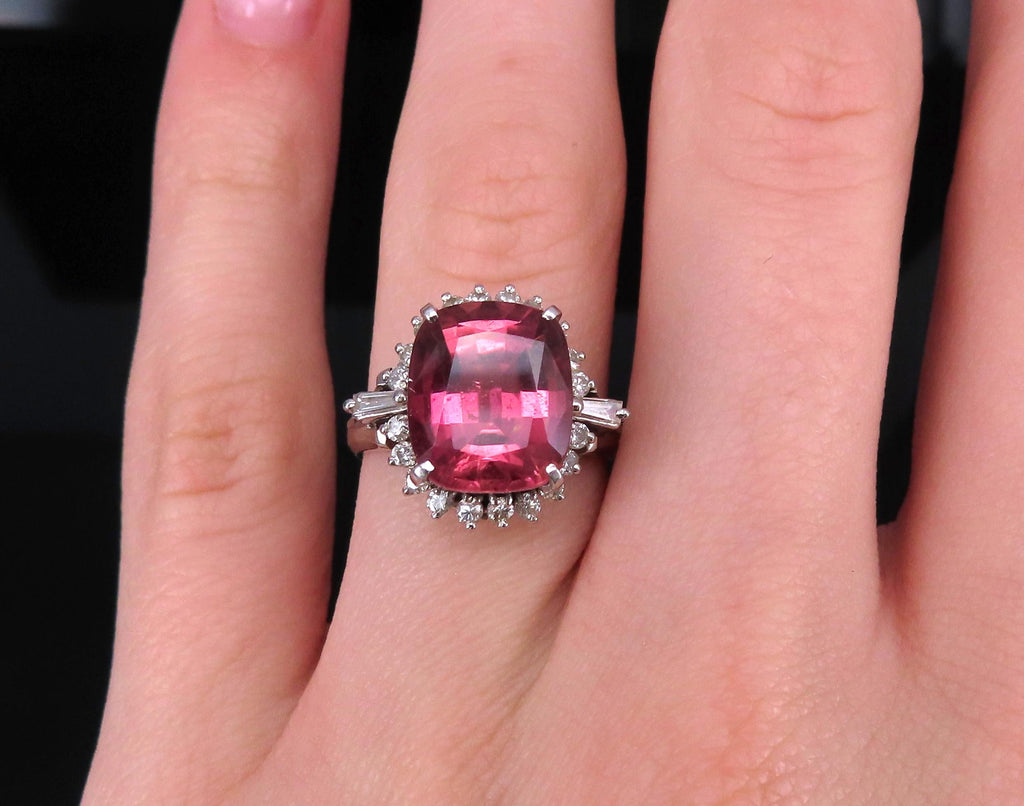 Fine 4.97ct Natural Pink Tourmaline & 0.42ct Diamond Platinum Halo Ring Size 5.5