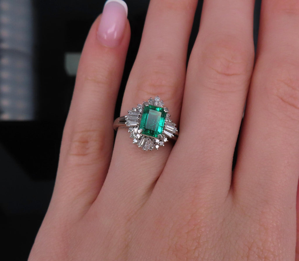 Fine 1.36ct GIA Certified Colombian Emerald 0.75ct Diamond Platinum Ring Size 5