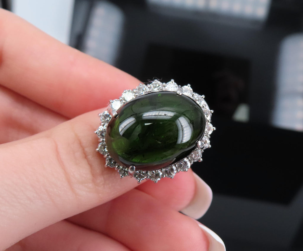 Massive 26.18ct Green Tourmaline 1.83ct Diamond 18K White Gold Ring Size 4.75
