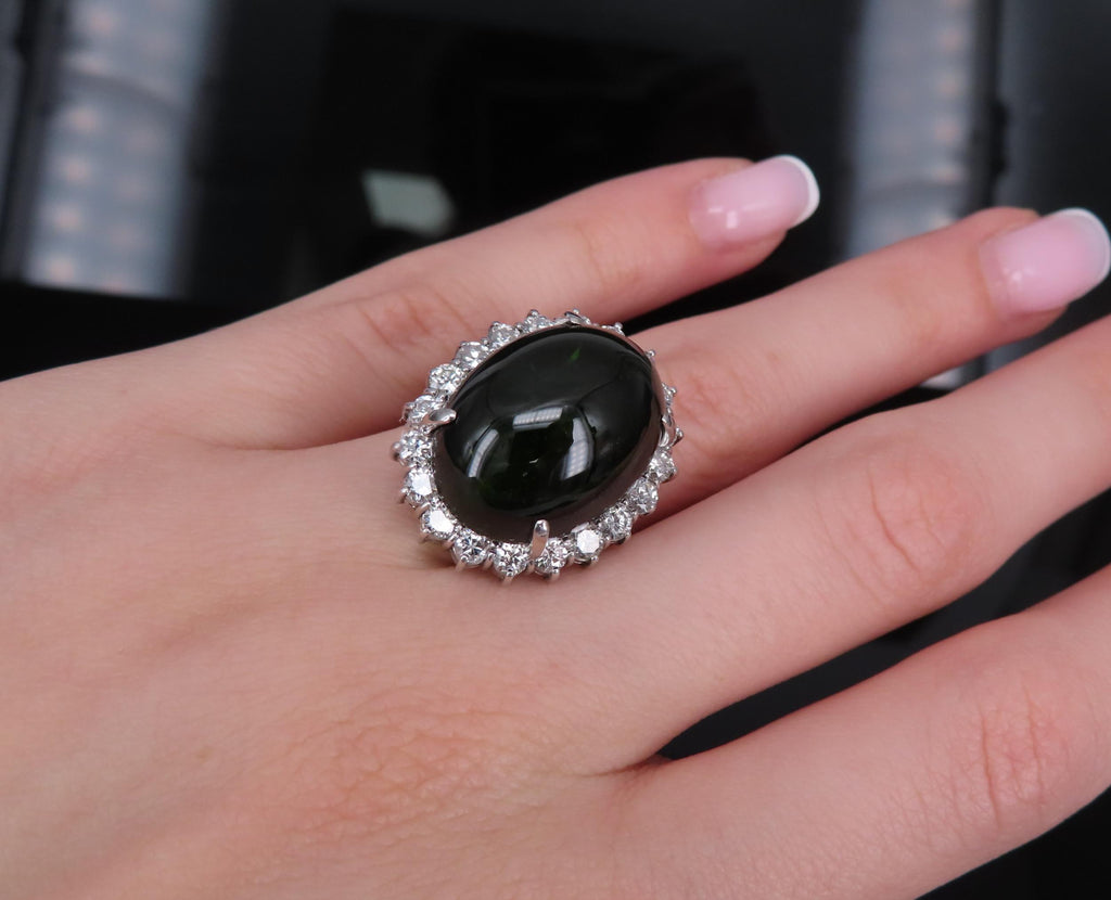 Massive 26.18ct Green Tourmaline 1.83ct Diamond 18K White Gold Ring Size 4.75