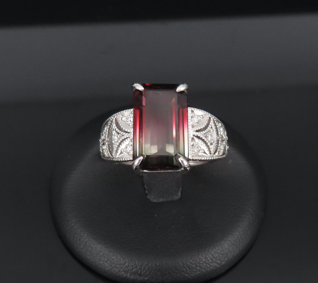 7.16ct Intense Watermelon Tourmaline & 0.15ct Diamond Platinum Ring, Size 7