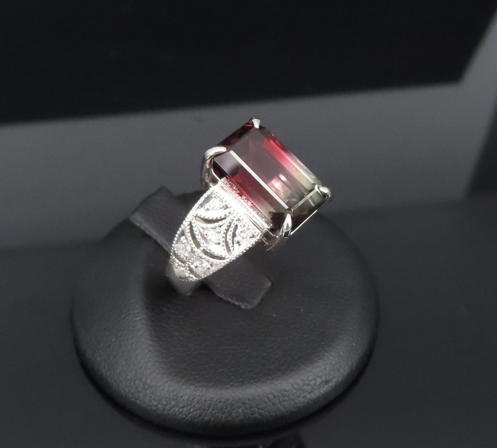7.16ct Intense Watermelon Tourmaline & 0.15ct Diamond Platinum Ring, Size 7