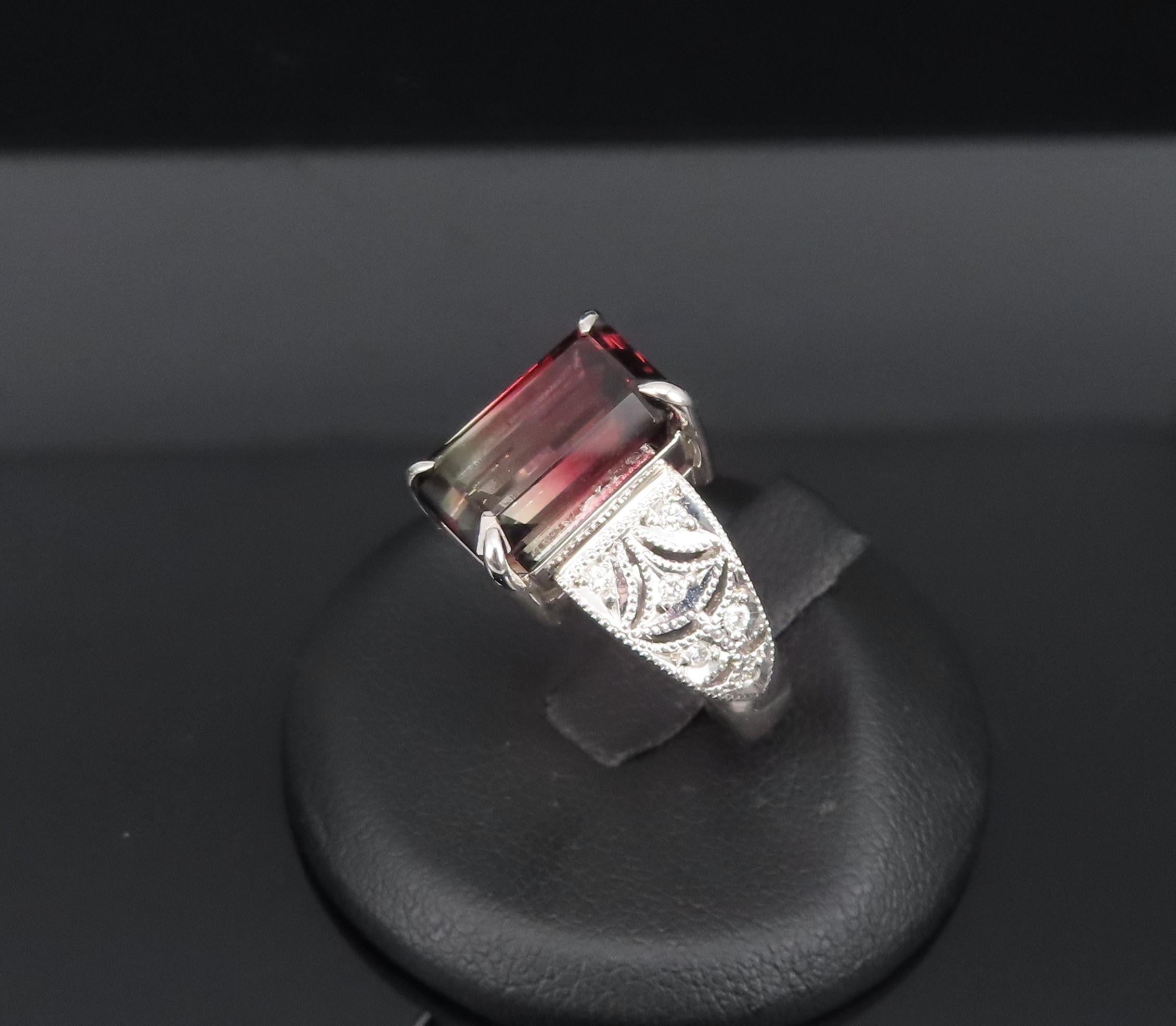 7.16ct Intense Watermelon Tourmaline & 0.15ct Diamond Platinum Ring, Size 7