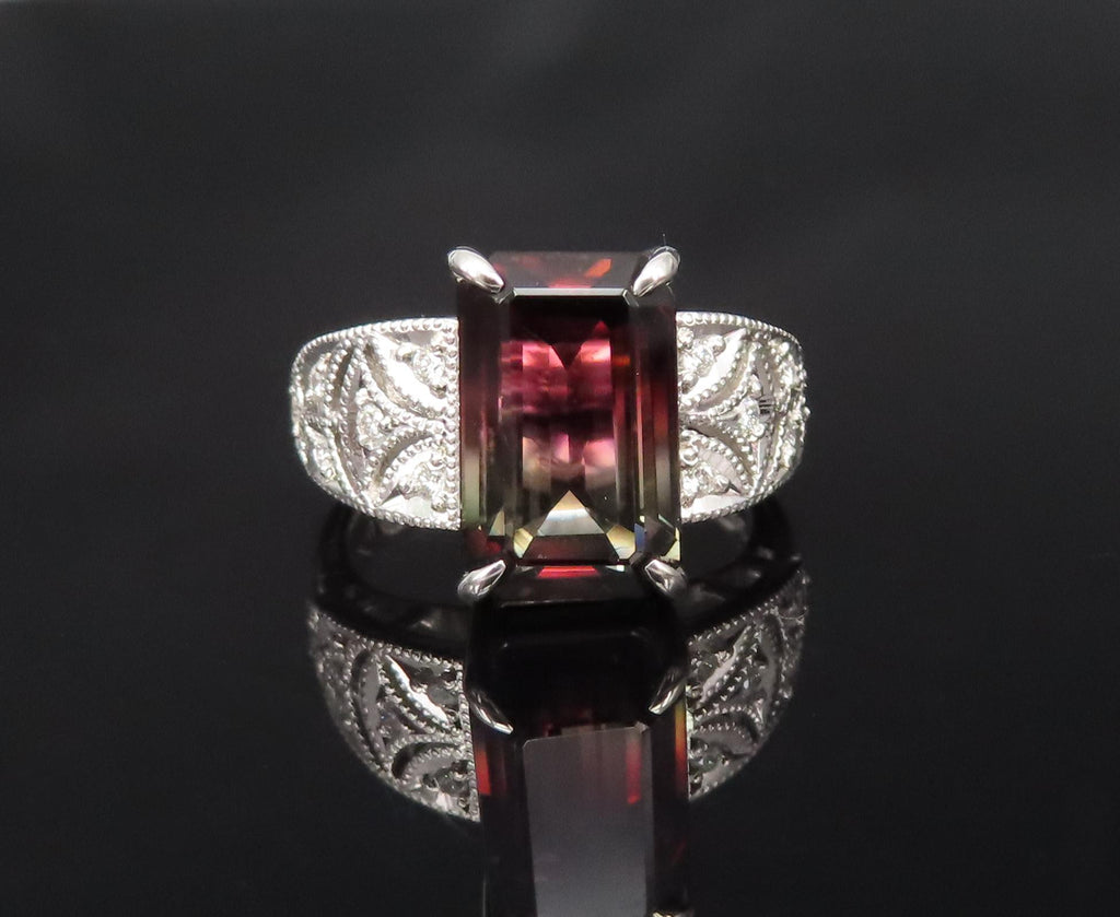 7.16ct Intense Watermelon Tourmaline & 0.15ct Diamond Platinum Ring, Size 7