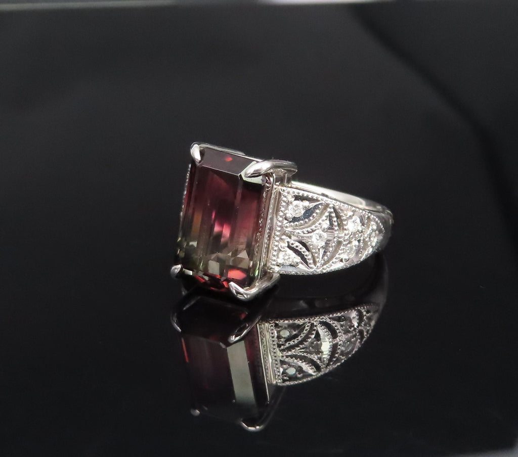 7.16ct Intense Watermelon Tourmaline & 0.15ct Diamond Platinum Ring, Size 7