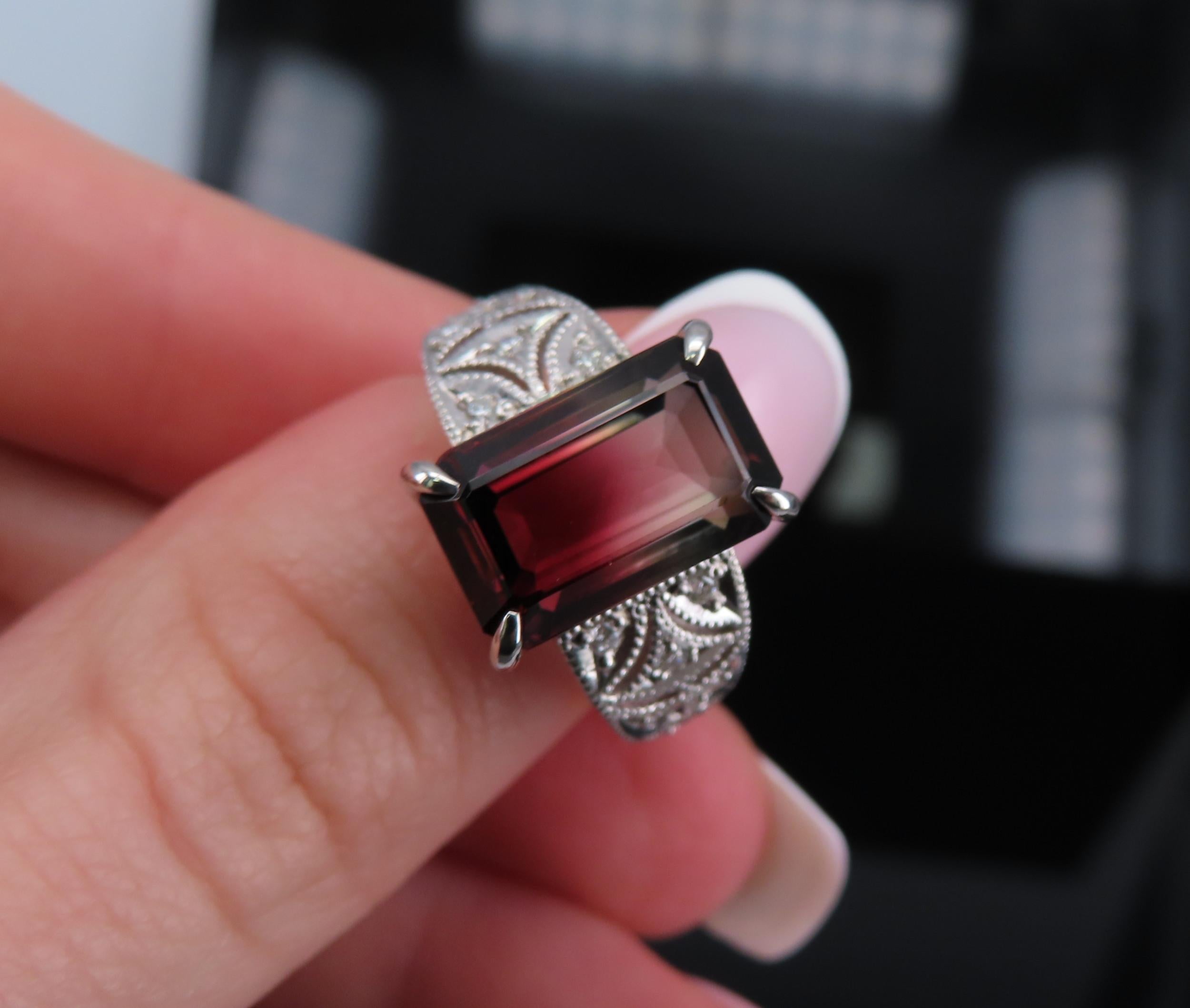 7.16ct Intense Watermelon Tourmaline & 0.15ct Diamond Platinum Ring, Size 7