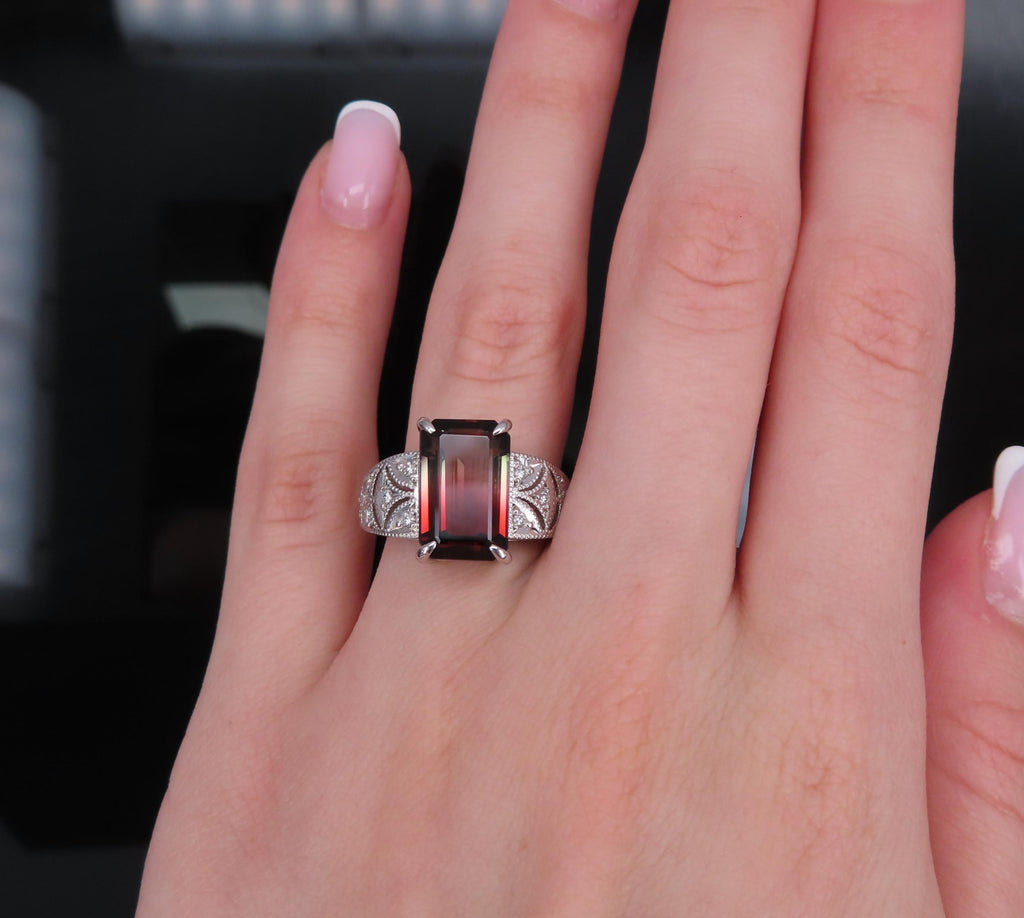 7.16ct Intense Watermelon Tourmaline & 0.15ct Diamond Platinum Ring, Size 7