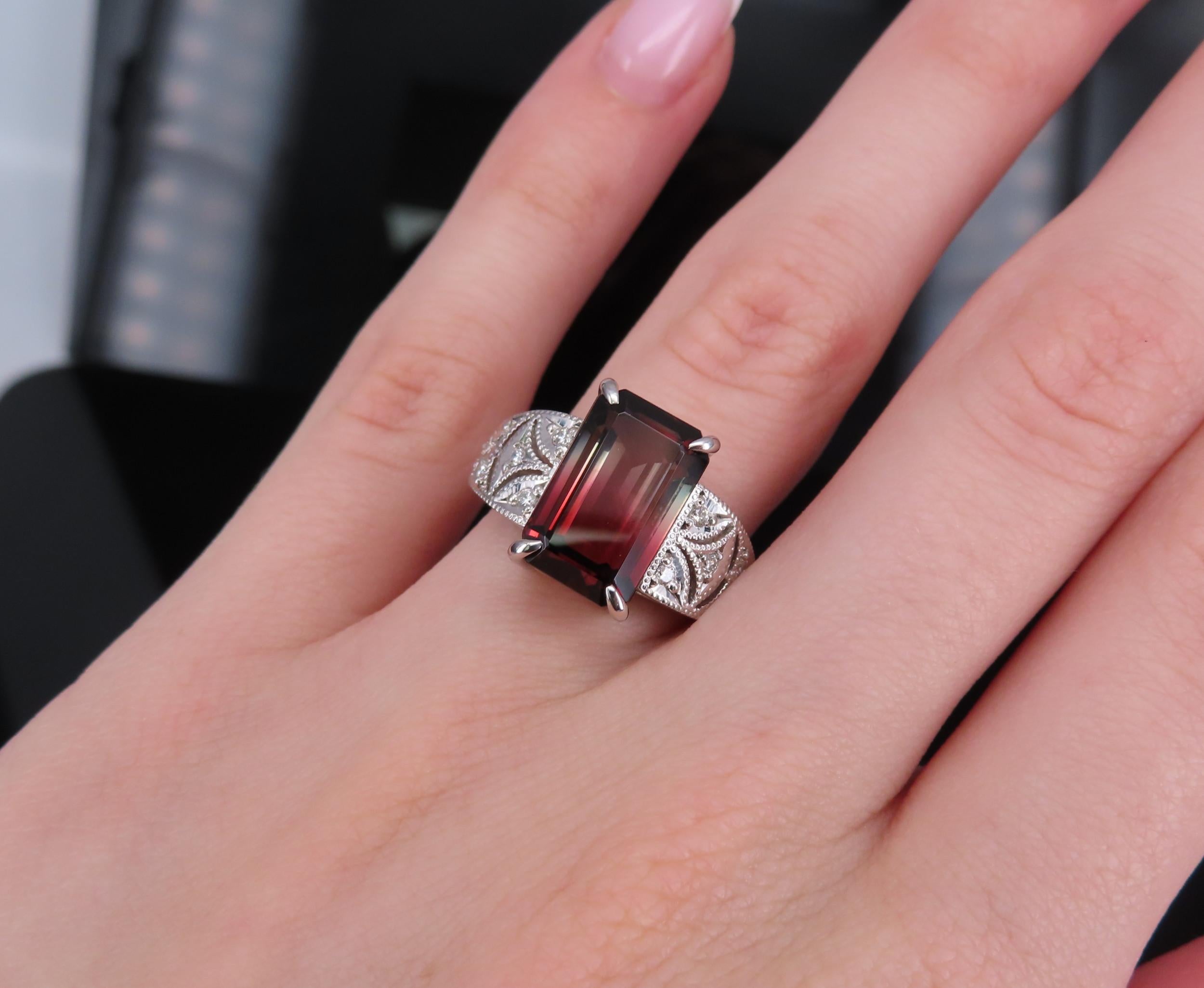 7.16ct Intense Watermelon Tourmaline & 0.15ct Diamond Platinum Ring, Size 7