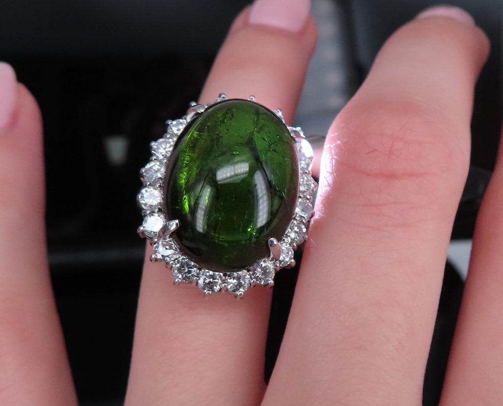 Massive 26.18ct Green Tourmaline 1.83ct Diamond 18K White Gold Ring Size 4.75