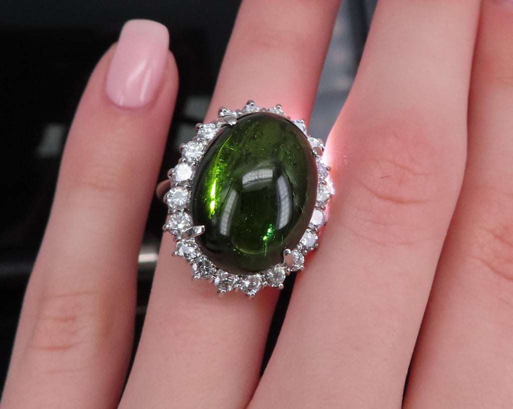 Massive 26.18ct Green Tourmaline 1.83ct Diamond 18K White Gold Ring Size 4.75