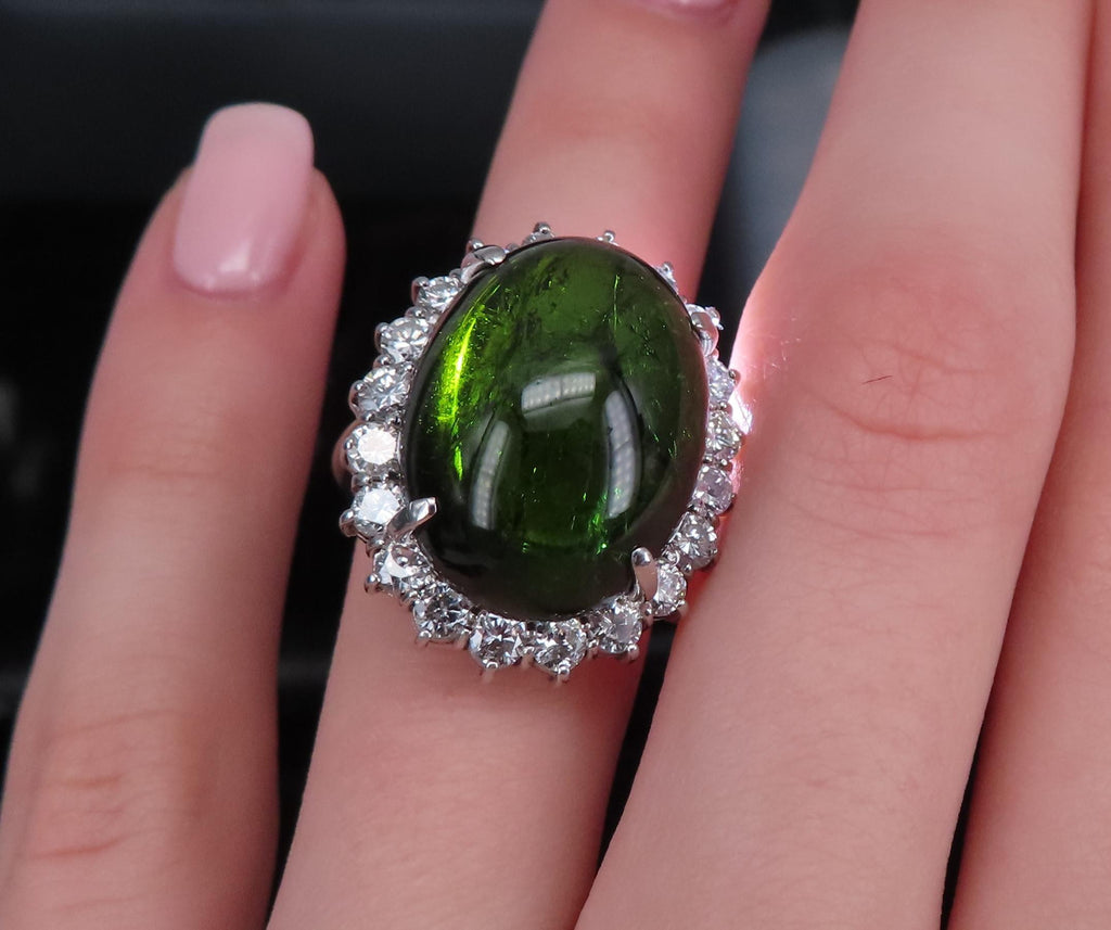 Massive 26.18ct Green Tourmaline 1.83ct Diamond 18K White Gold Ring Size 4.75
