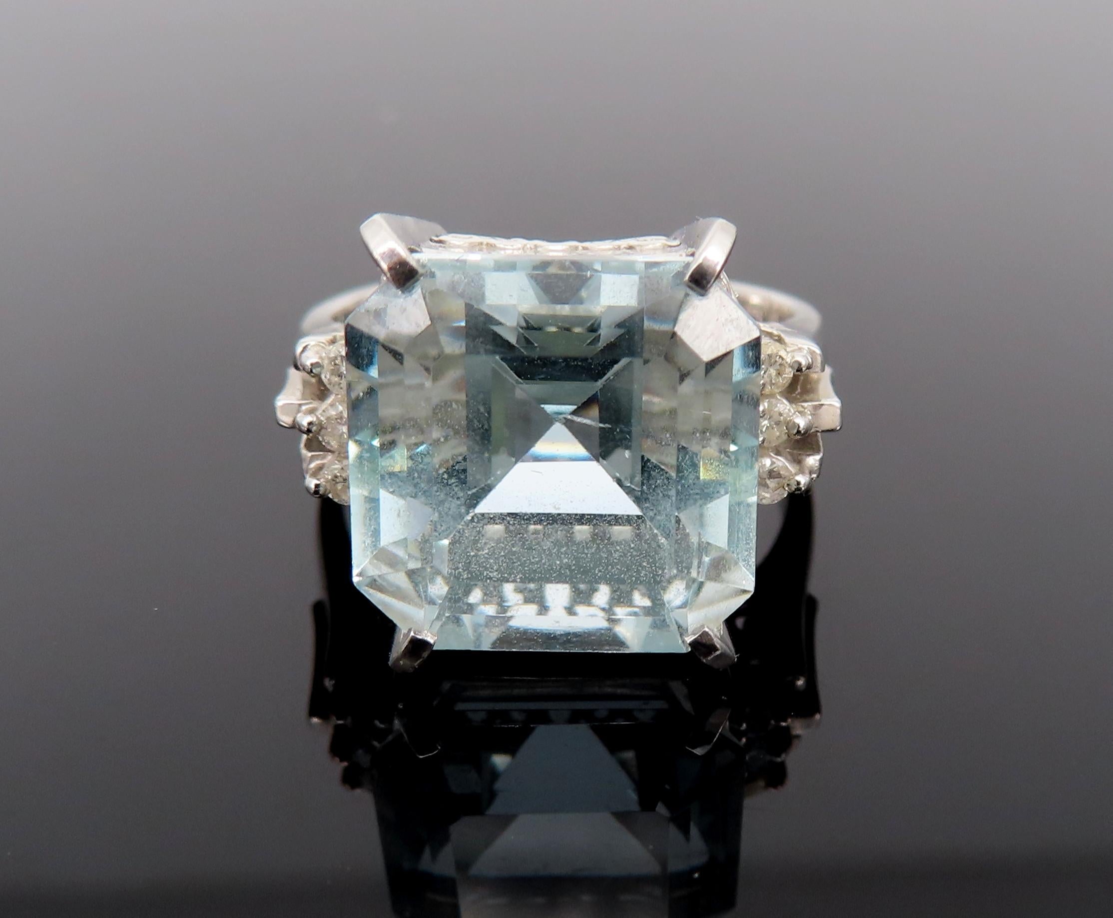 Vintage 9.20ct Asscher Cut Aquamarine & 0.10ct Diamond Platinum Ring, Size 6.5
