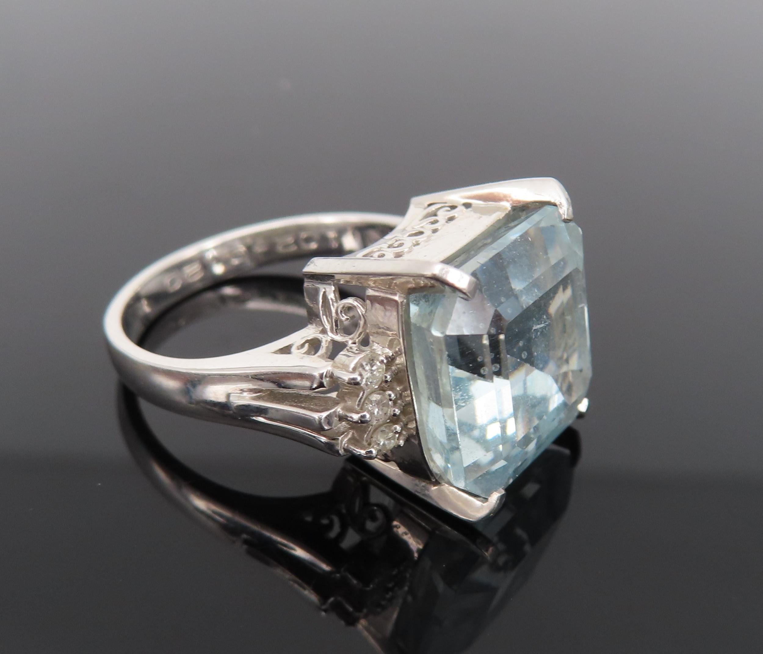 Vintage 9.20ct Asscher Cut Aquamarine & 0.10ct Diamond Platinum Ring, Size 6.5