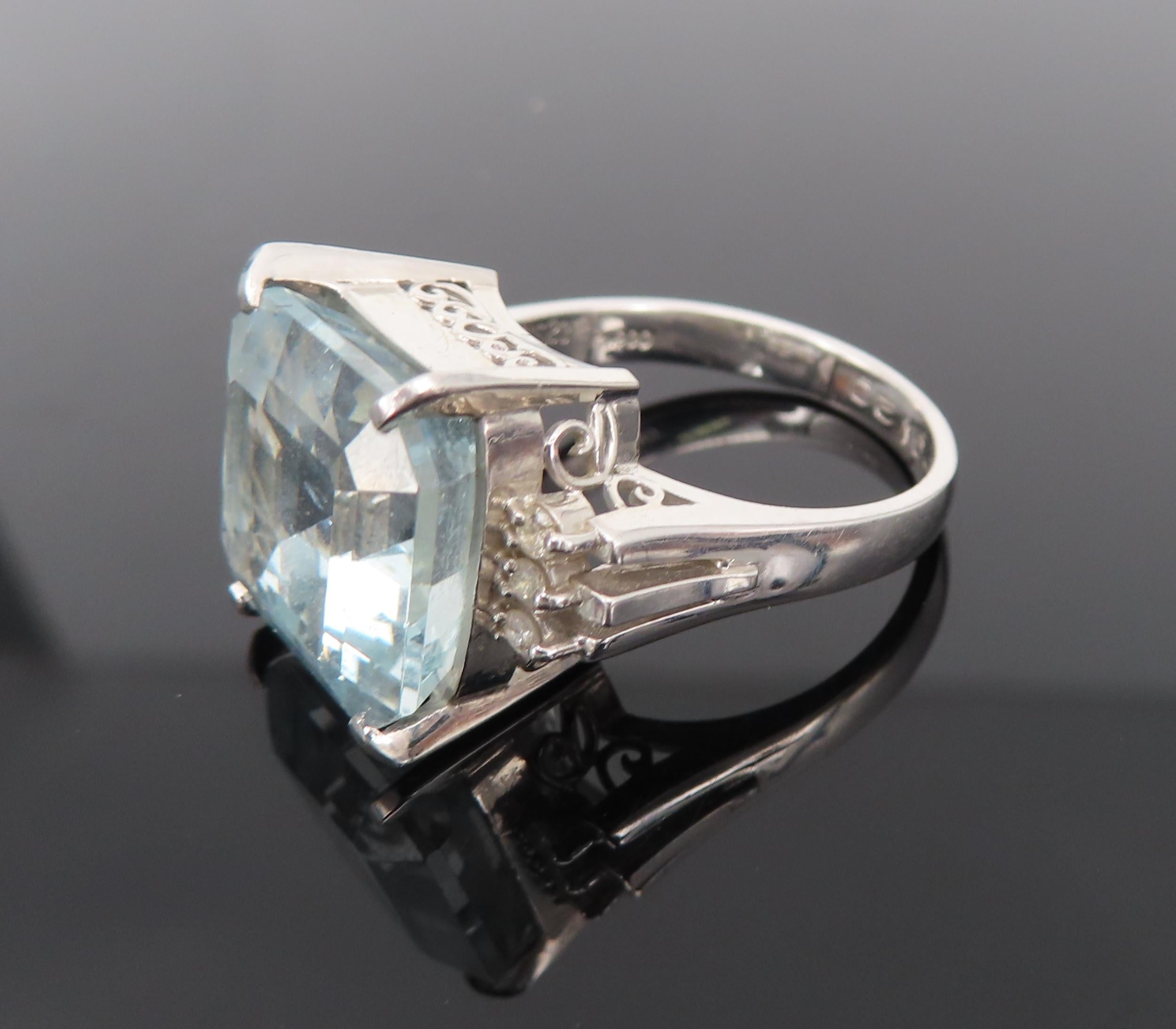 Vintage 9.20ct Asscher Cut Aquamarine & 0.10ct Diamond Platinum Ring, Size 6.5