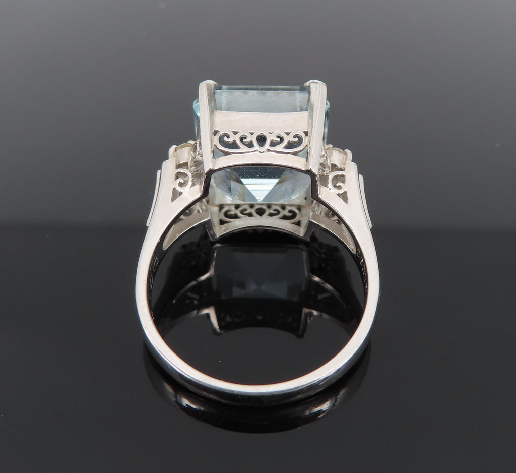 Vintage 9.20ct Asscher Cut Aquamarine & 0.10ct Diamond Platinum Ring, Size 6.5
