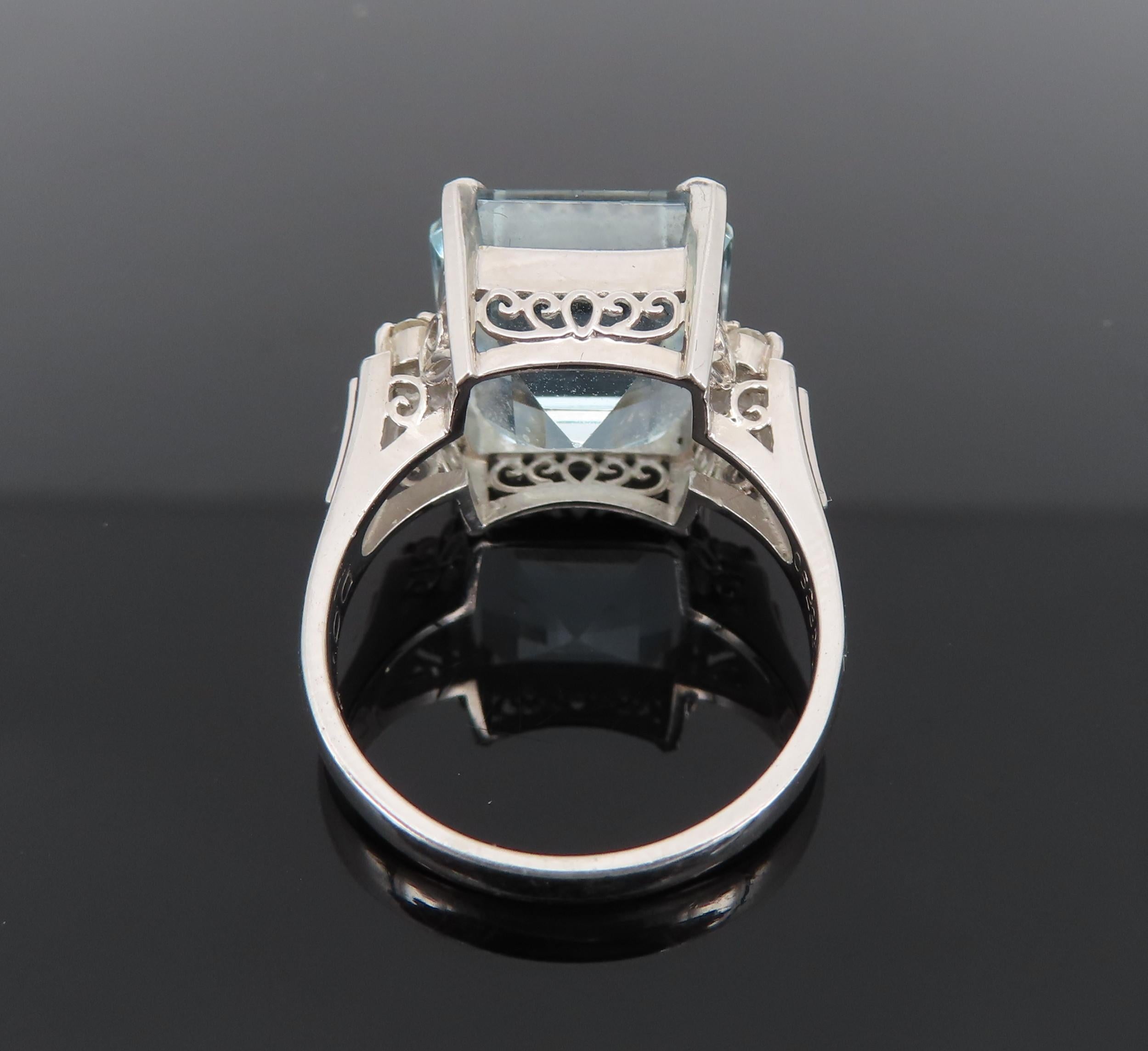 Vintage 9.20ct Asscher Cut Aquamarine & 0.10ct Diamond Platinum Ring, Size 6.5
