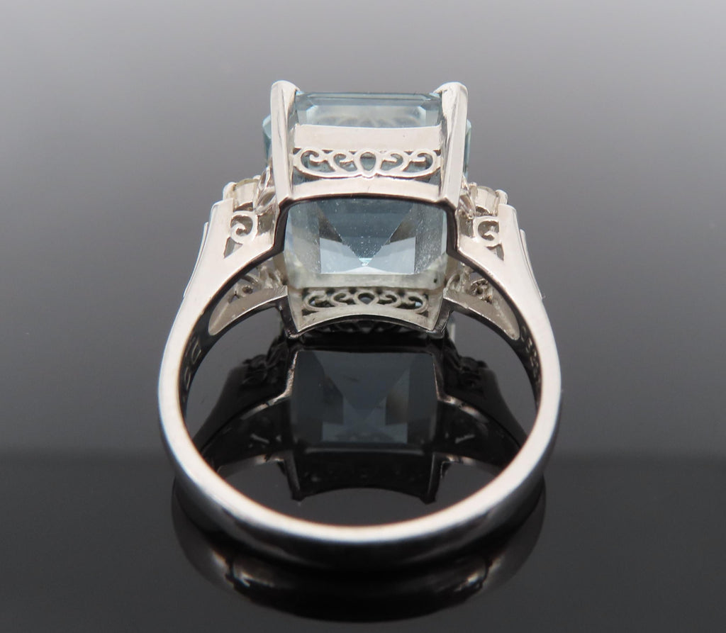 Vintage 9.20ct Asscher Cut Aquamarine & 0.10ct Diamond Platinum Ring, Size 6.5