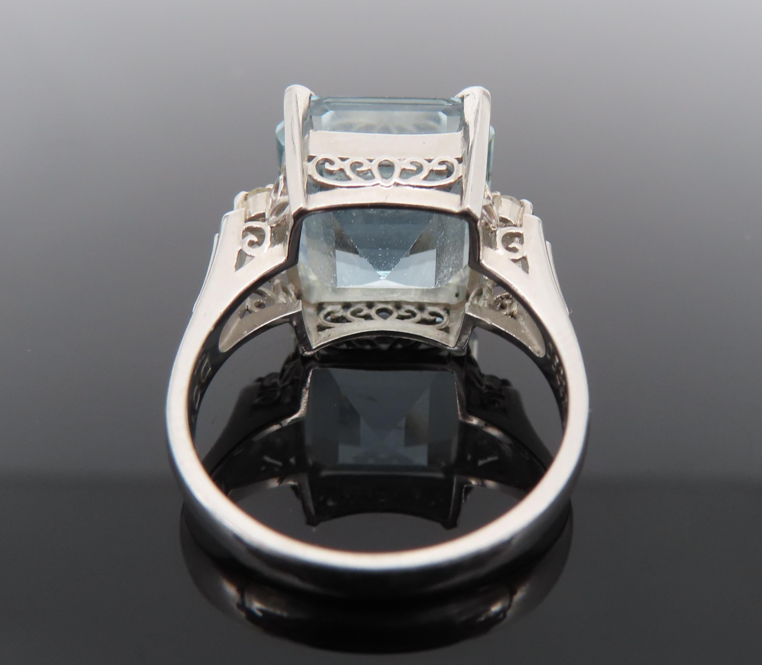 Vintage 9.20ct Asscher Cut Aquamarine & 0.10ct Diamond Platinum Ring, Size 6.5