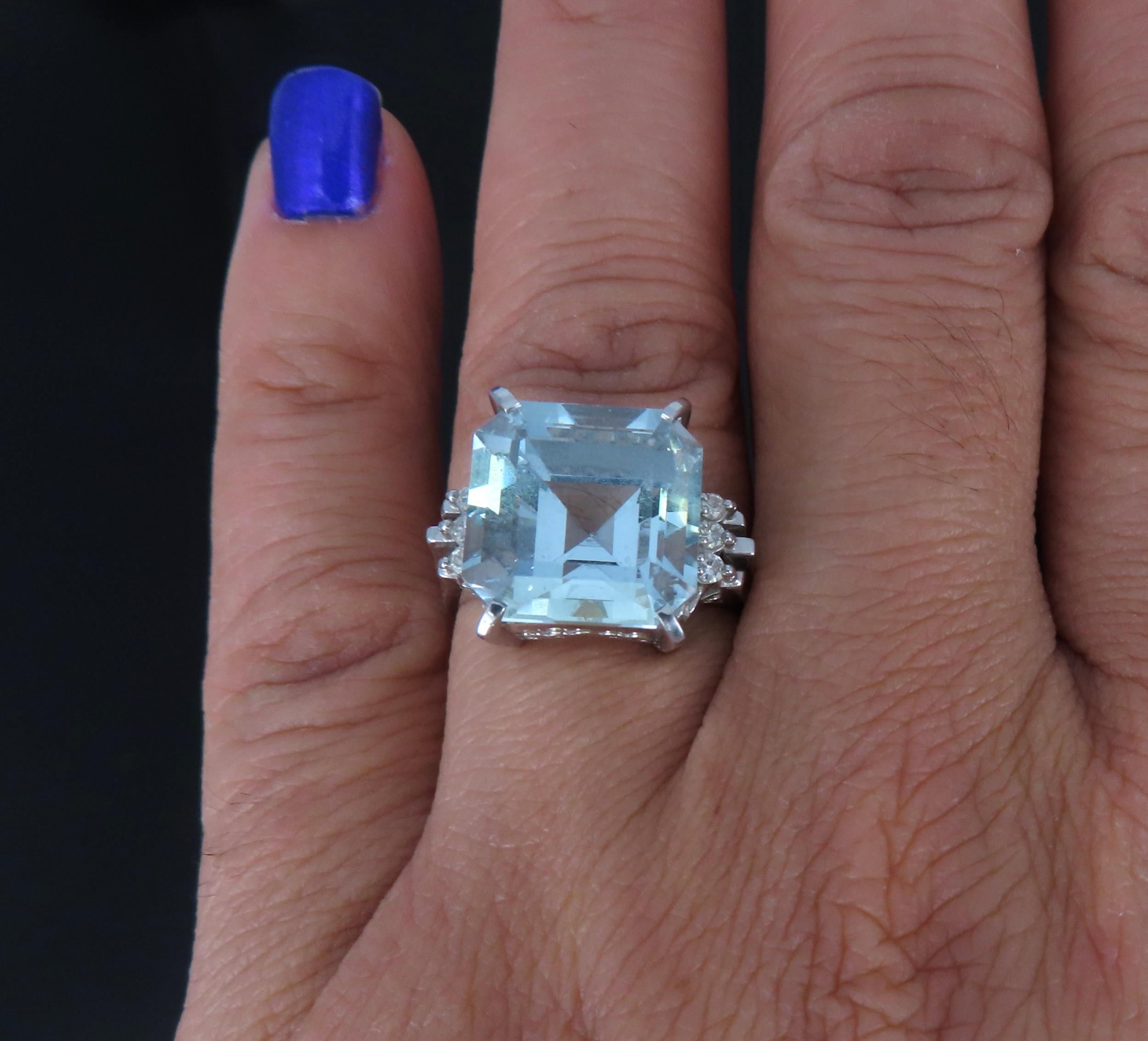 Vintage 9.20ct Asscher Cut Aquamarine & 0.10ct Diamond Platinum Ring, Size 6.5