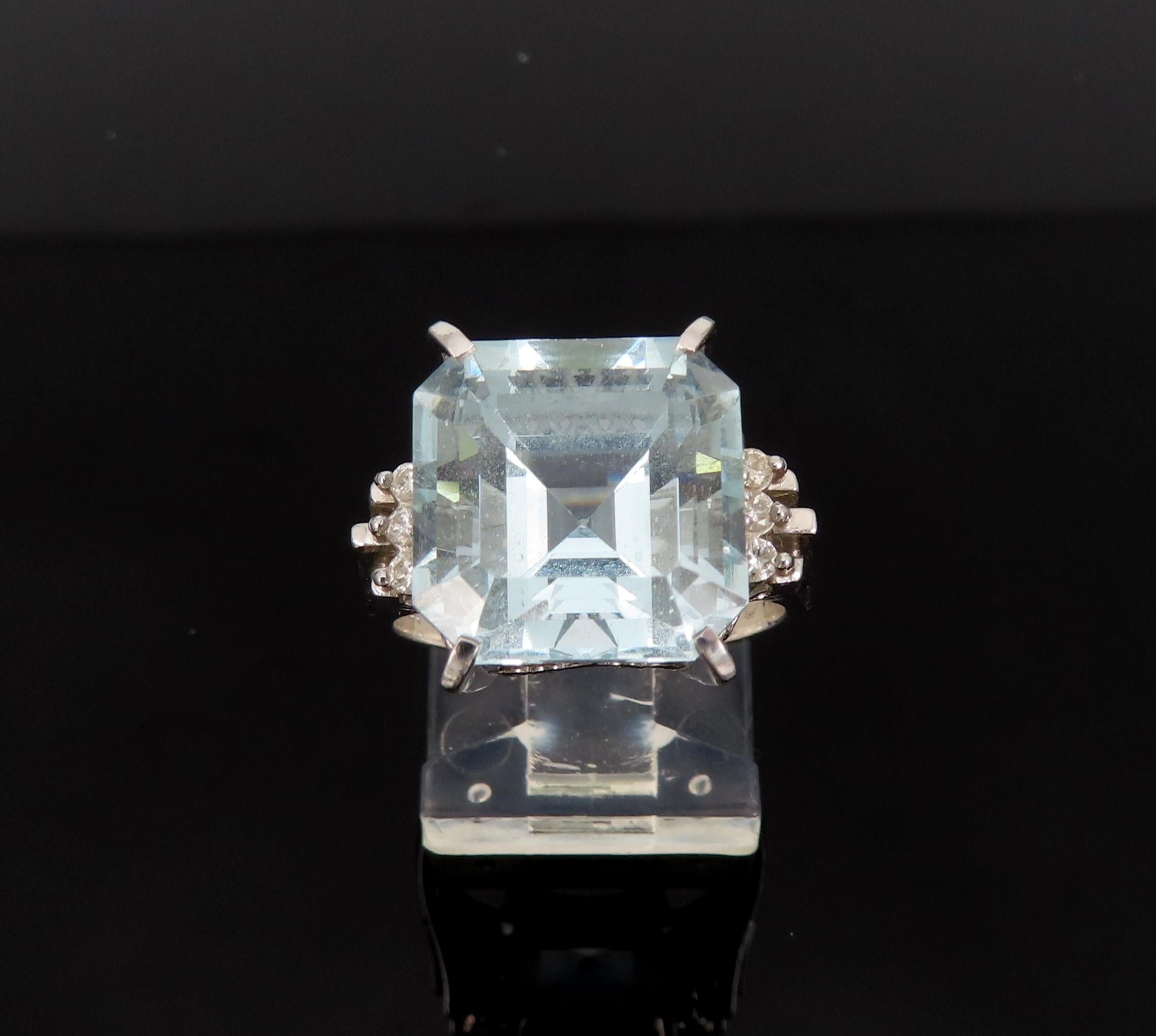 Vintage 9.20ct Asscher Cut Aquamarine & 0.10ct Diamond Platinum Ring, Size 6.5