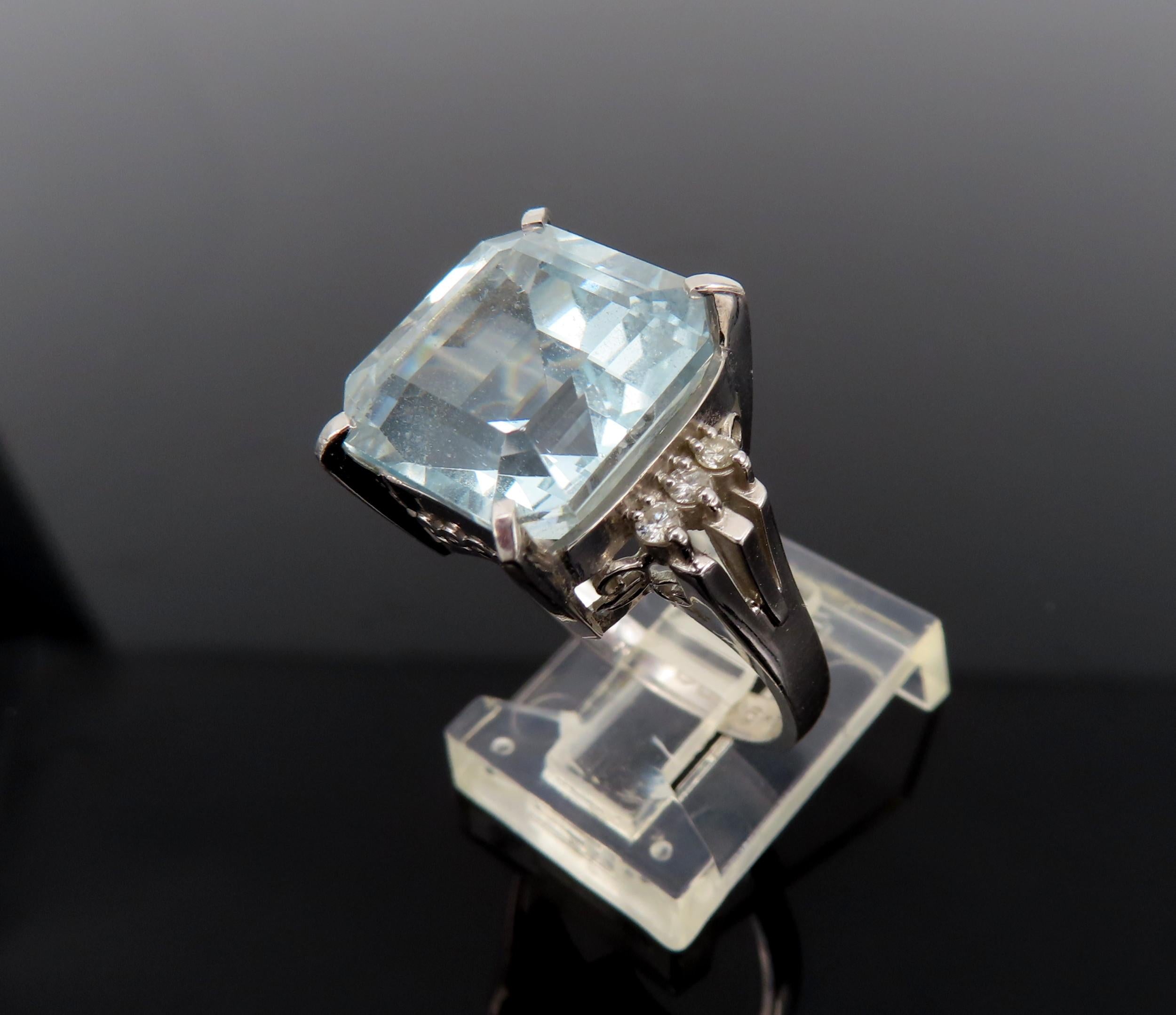 Vintage 9.20ct Asscher Cut Aquamarine & 0.10ct Diamond Platinum Ring, Size 6.5