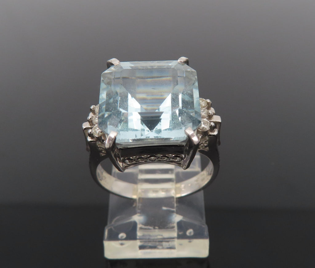 Vintage 9.20ct Asscher Cut Aquamarine & 0.10ct Diamond Platinum Ring, Size 6.5