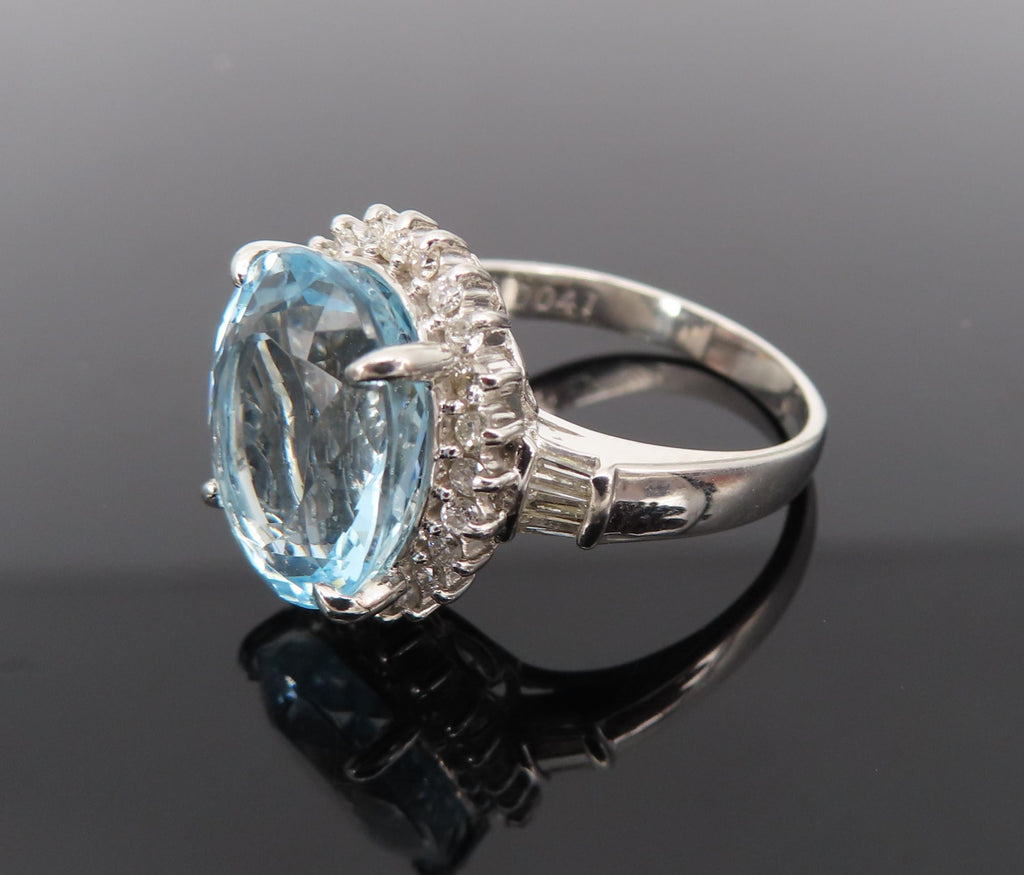 Vintage 5.80ct Natural Aquamarine & 0.41ct Diamond Platinum Ring Size 6.5