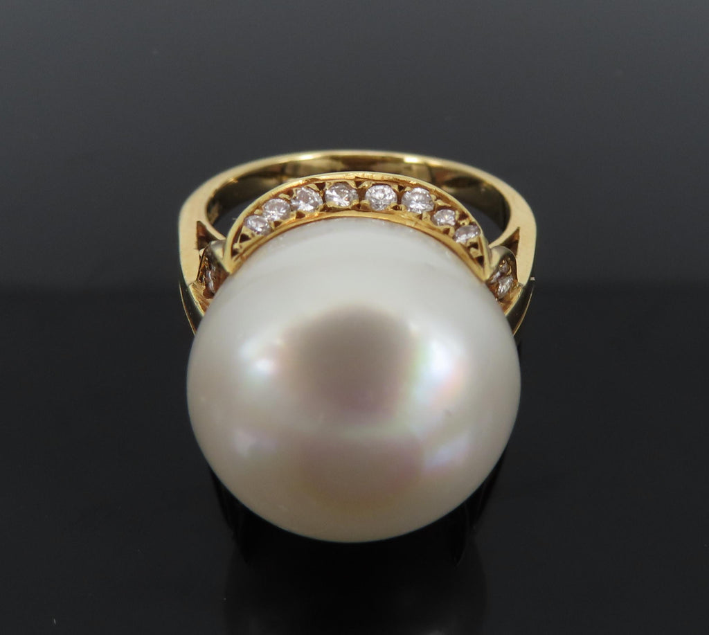 14.7mm South Sea Button Pearl & 0.50ct Diamond 18K Yellow Gold Ring Size 7.5