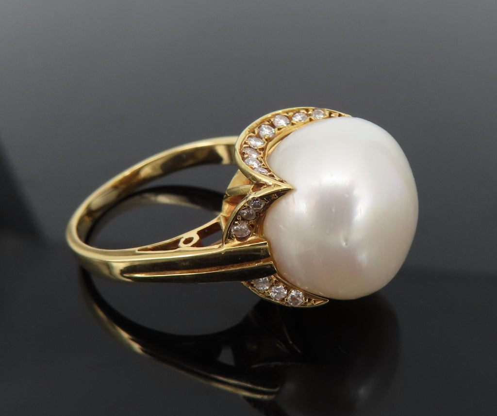 14.7mm South Sea Button Pearl & 0.50ct Diamond 18K Yellow Gold Ring Size 7.5