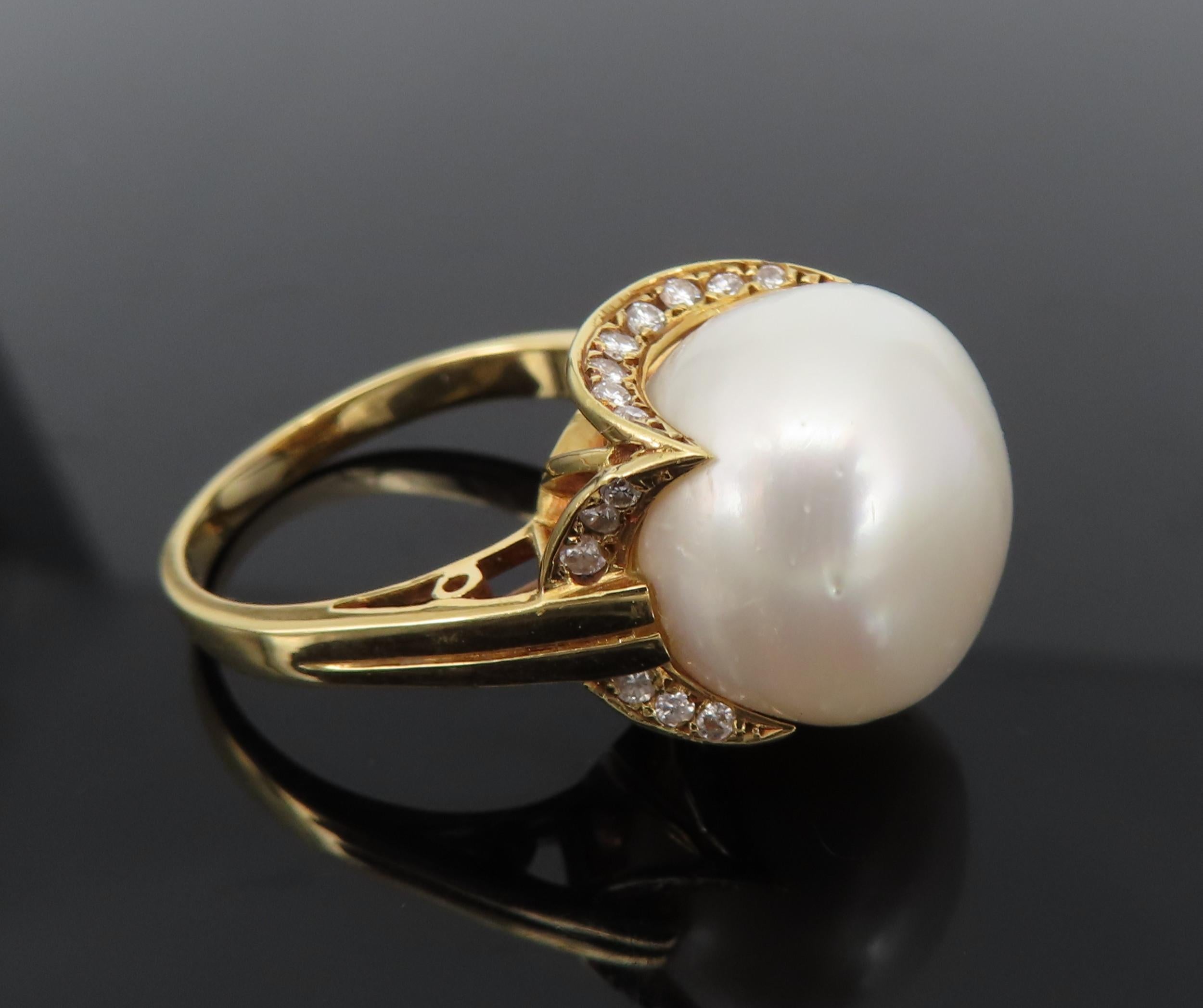 14.7mm South Sea Button Pearl & 0.50ct Diamond 18K Yellow Gold Ring Size 7.5