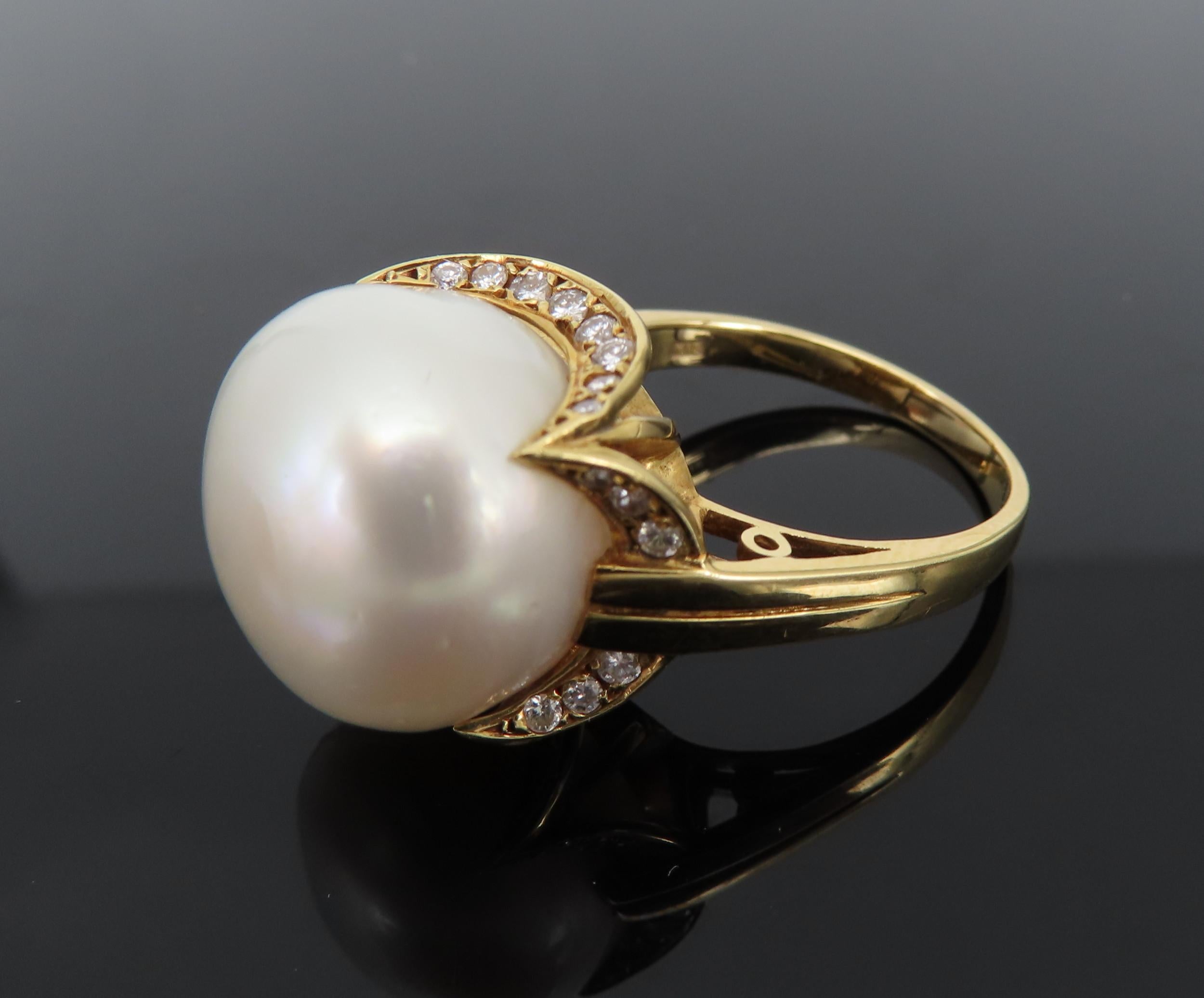 14.7mm South Sea Button Pearl & 0.50ct Diamond 18K Yellow Gold Ring Size 7.5