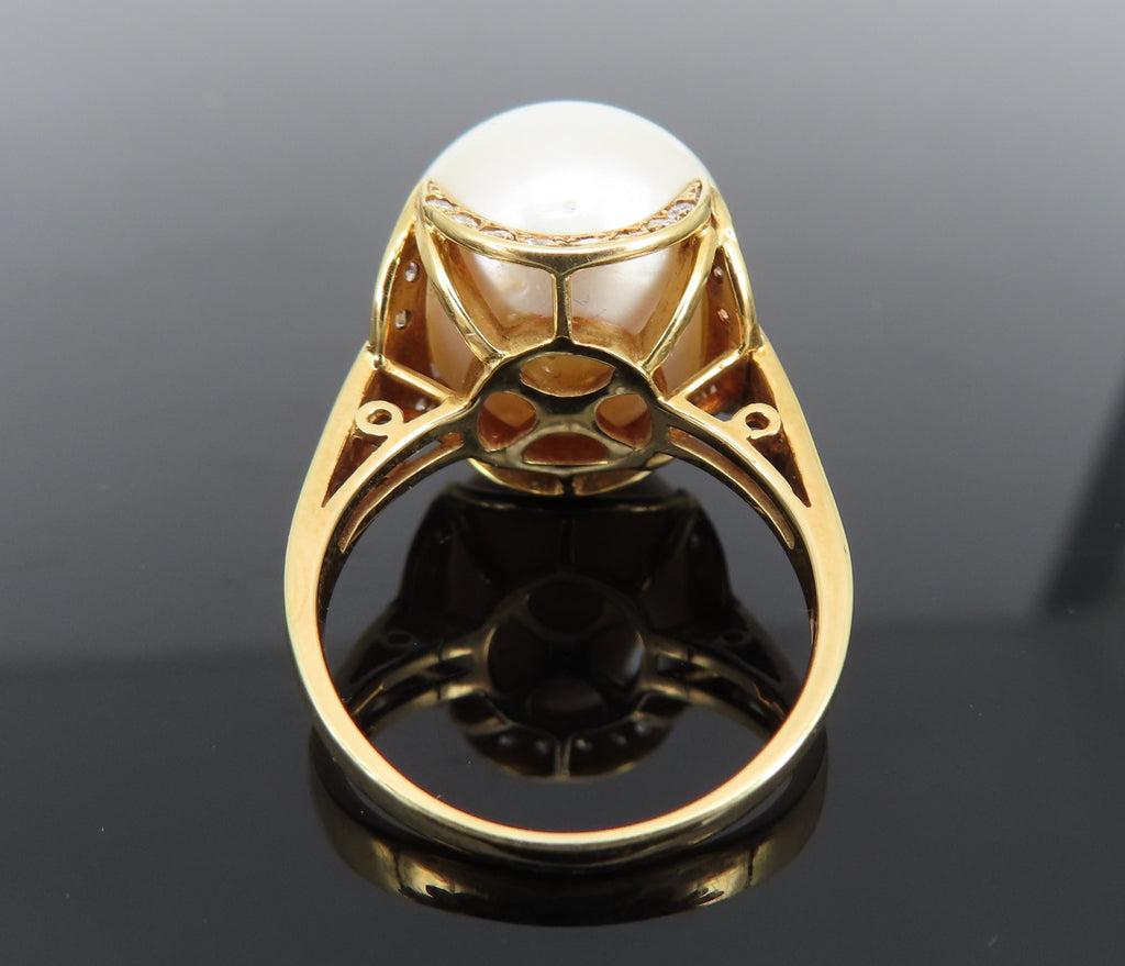 14.7mm South Sea Button Pearl & 0.50ct Diamond 18K Yellow Gold Ring Size 7.5