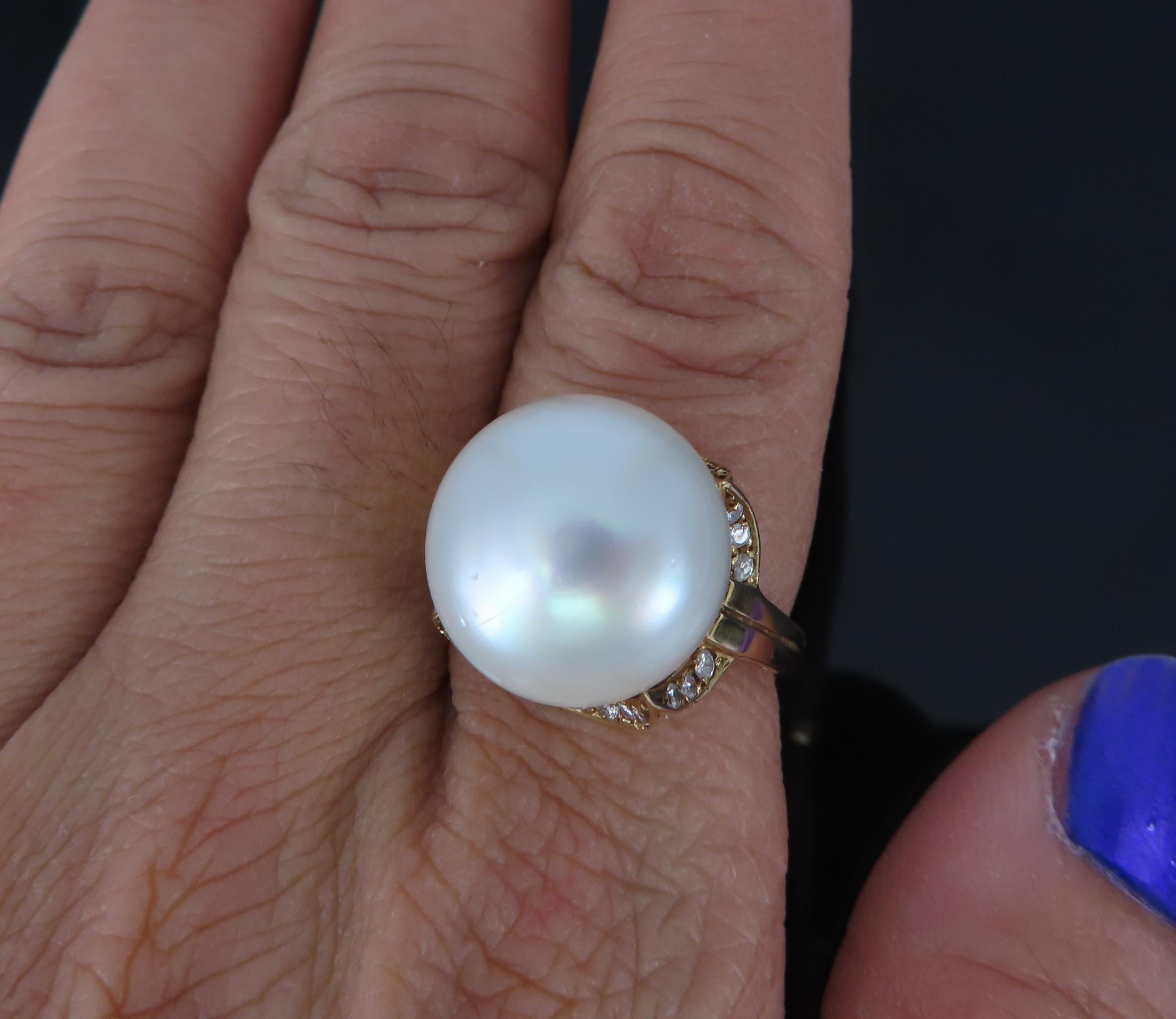 14.7mm South Sea Button Pearl & 0.50ct Diamond 18K Yellow Gold Ring Size 7.5