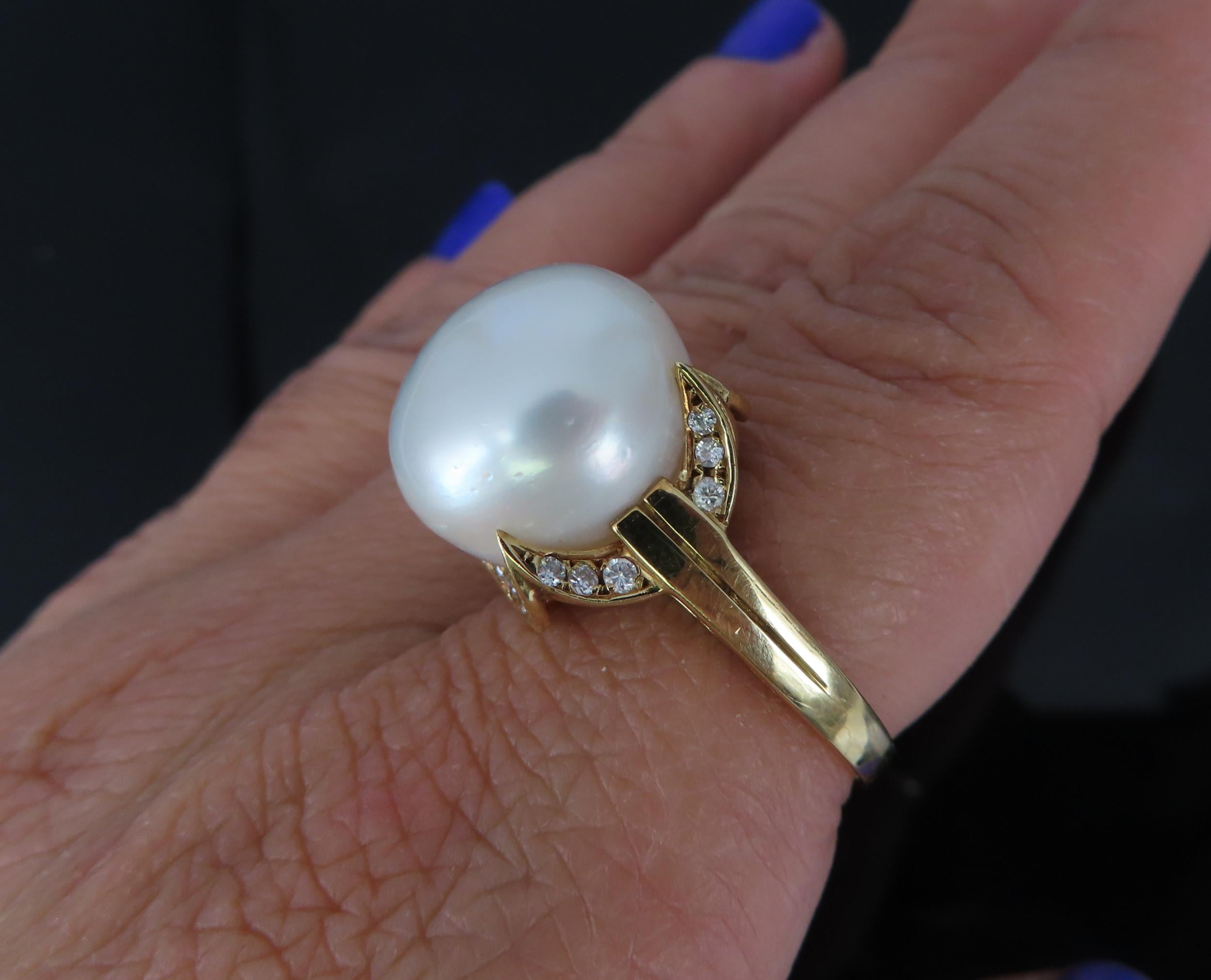 14.7mm South Sea Button Pearl & 0.50ct Diamond 18K Yellow Gold Ring Size 7.5