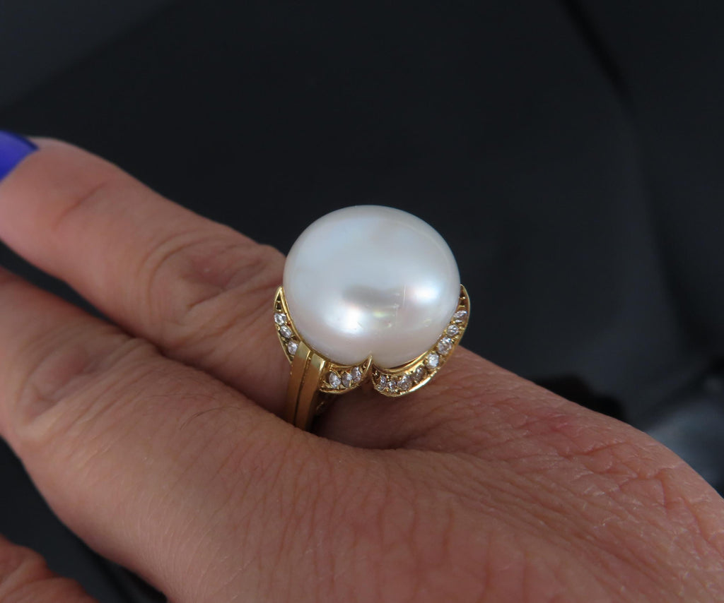 14.7mm South Sea Button Pearl & 0.50ct Diamond 18K Yellow Gold Ring Size 7.5