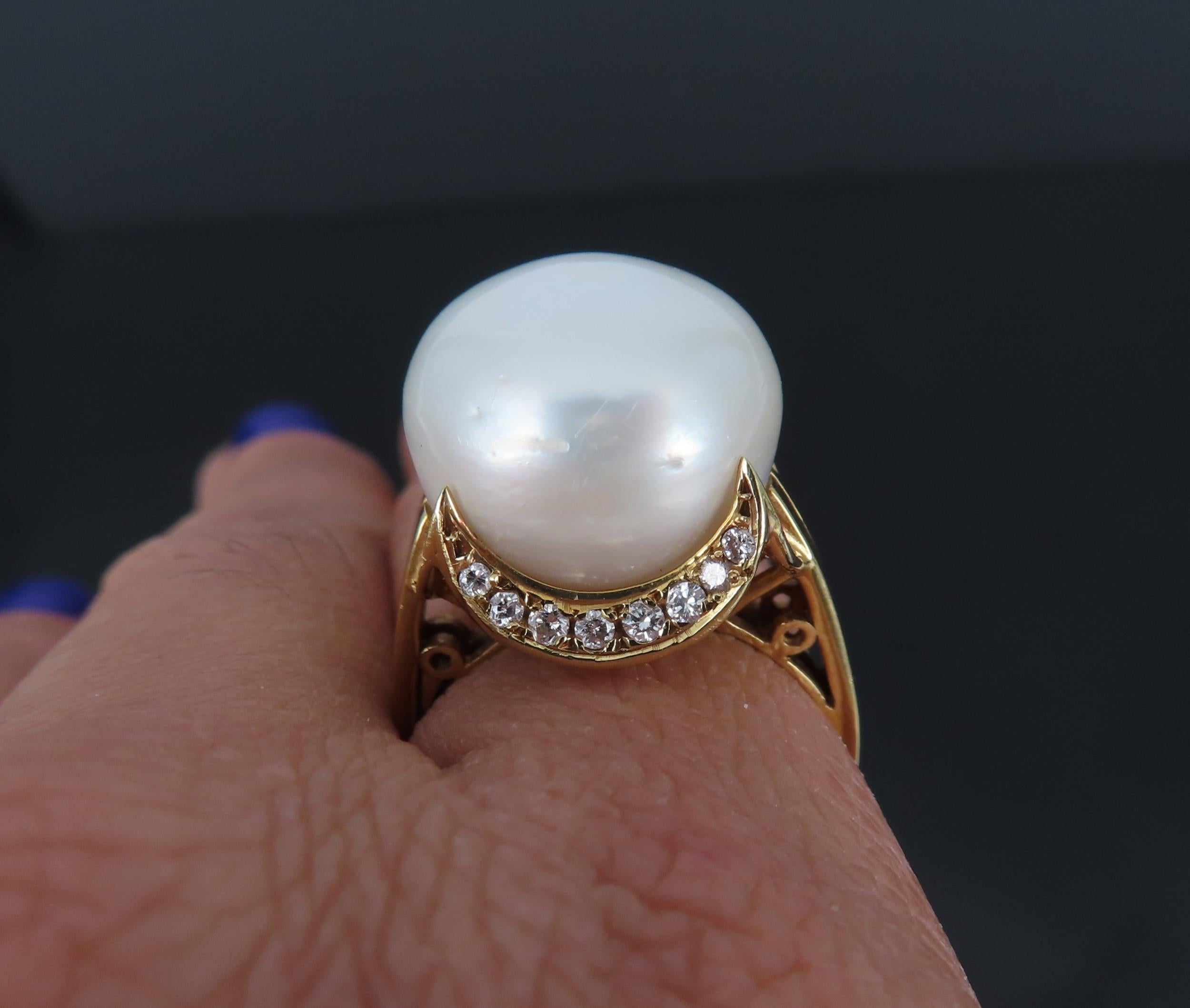14.7mm South Sea Button Pearl & 0.50ct Diamond 18K Yellow Gold Ring Size 7.5