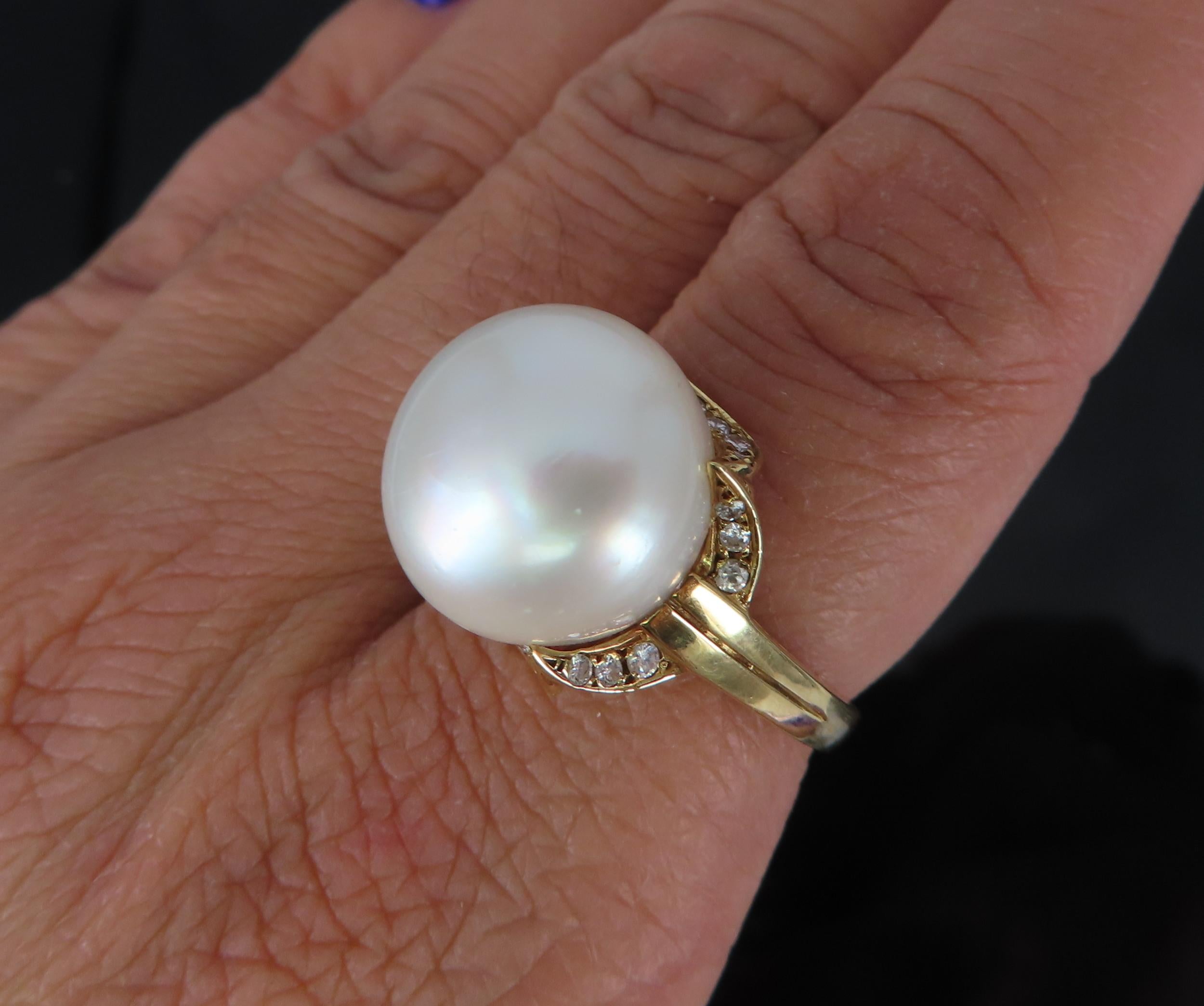 14.7mm South Sea Button Pearl & 0.50ct Diamond 18K Yellow Gold Ring Size 7.5