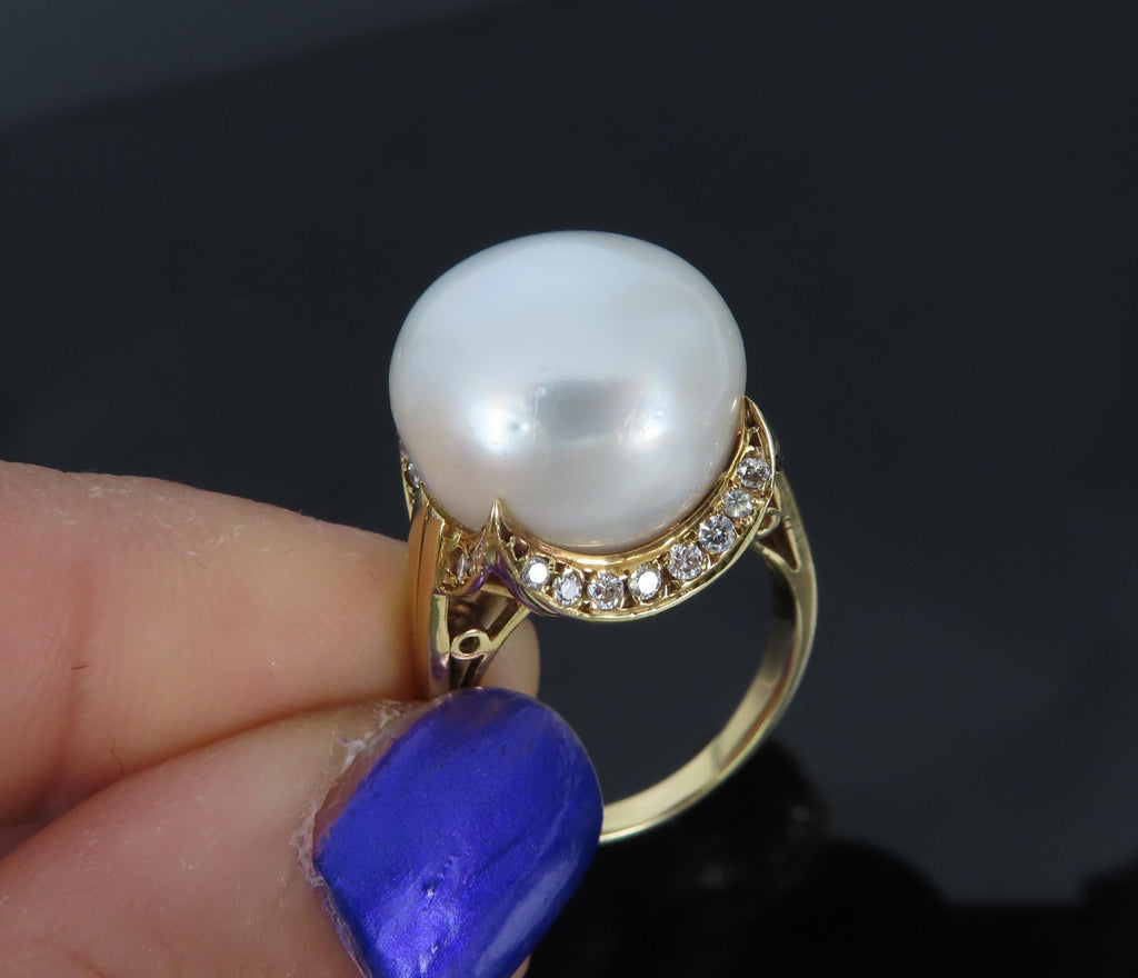 14.7mm South Sea Button Pearl & 0.50ct Diamond 18K Yellow Gold Ring Size 7.5