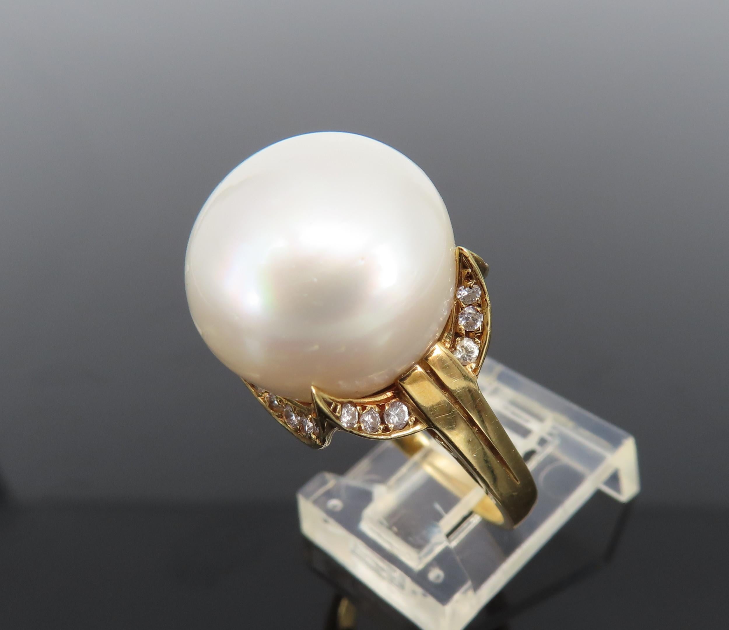 14.7mm South Sea Button Pearl & 0.50ct Diamond 18K Yellow Gold Ring Size 7.5