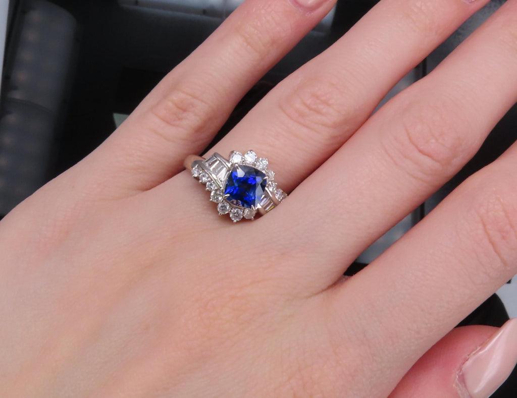 Fine 2.25ct GIA Blue Cushion Sapphire 0.80ct Diamond Platinum Ring, Size 7