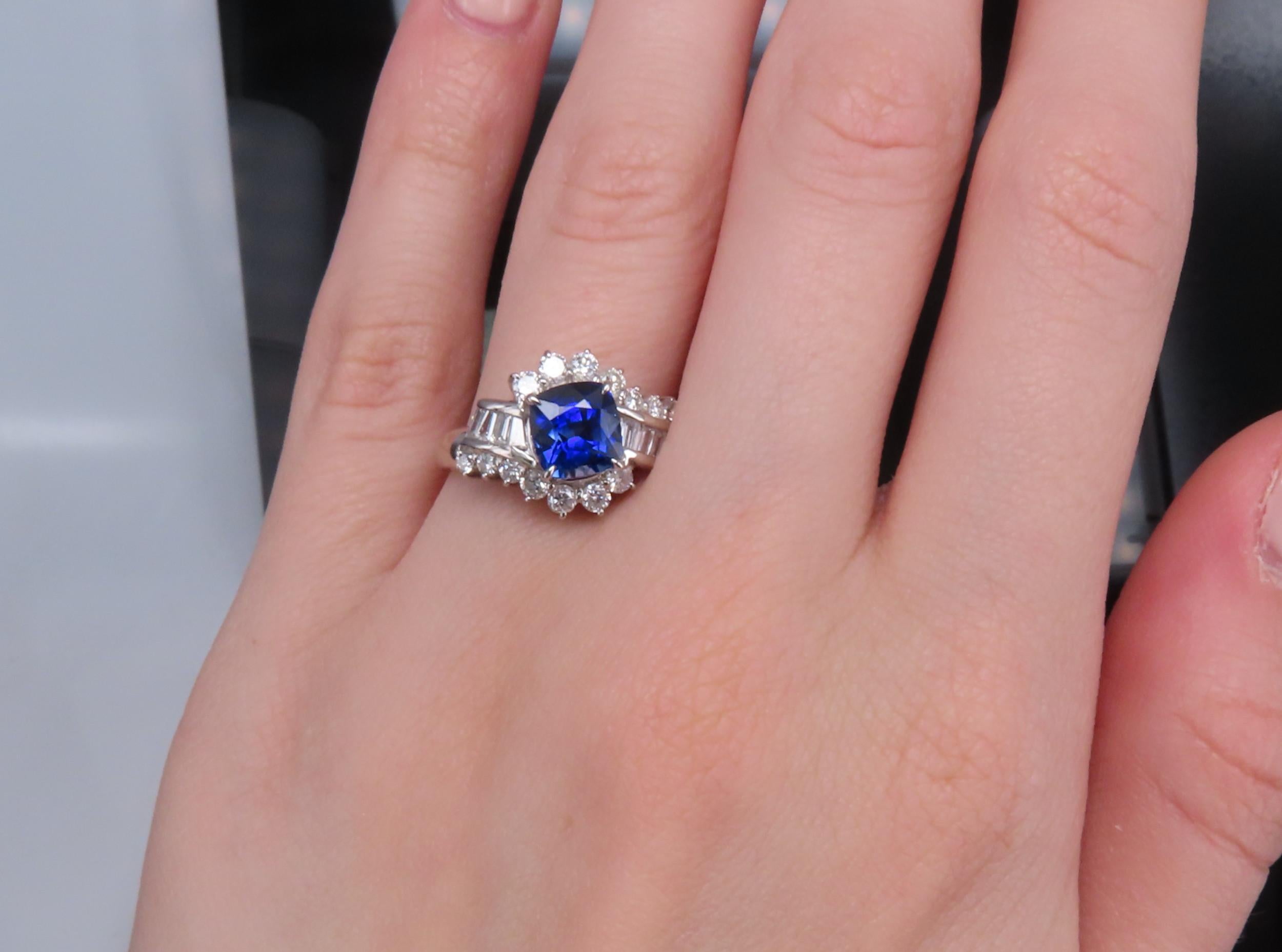 Fine 2.25ct GIA Blue Cushion Sapphire 0.80ct Diamond Platinum Ring, Size 7
