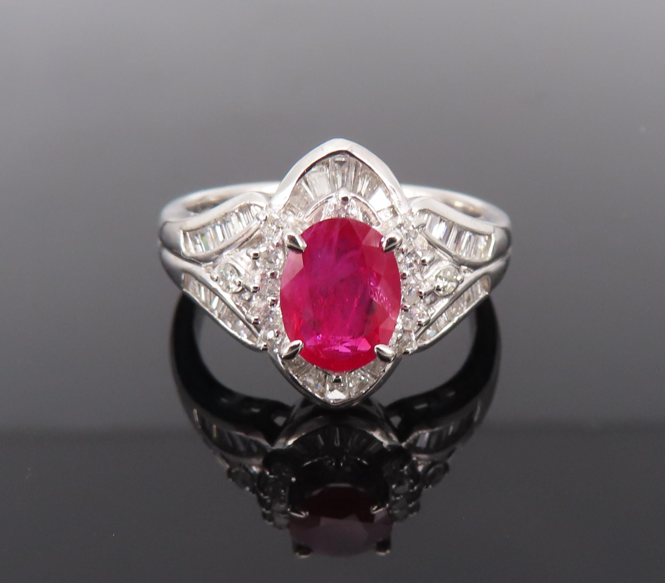 Vintage 1.17ct Vivid Red Ruby & 0.68ct Diamond Platinum Cocktail Ring Size 7