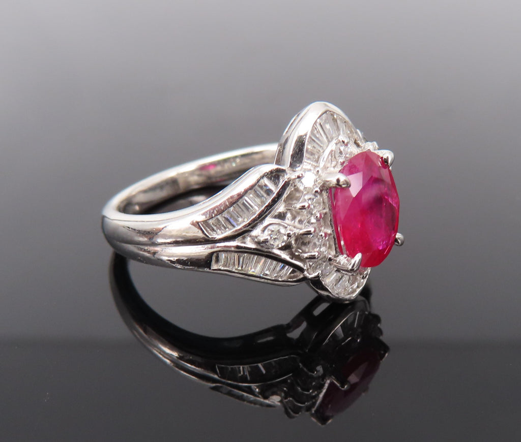 Vintage 1.17ct Vivid Red Ruby & 0.68ct Diamond Platinum Cocktail Ring Size 7