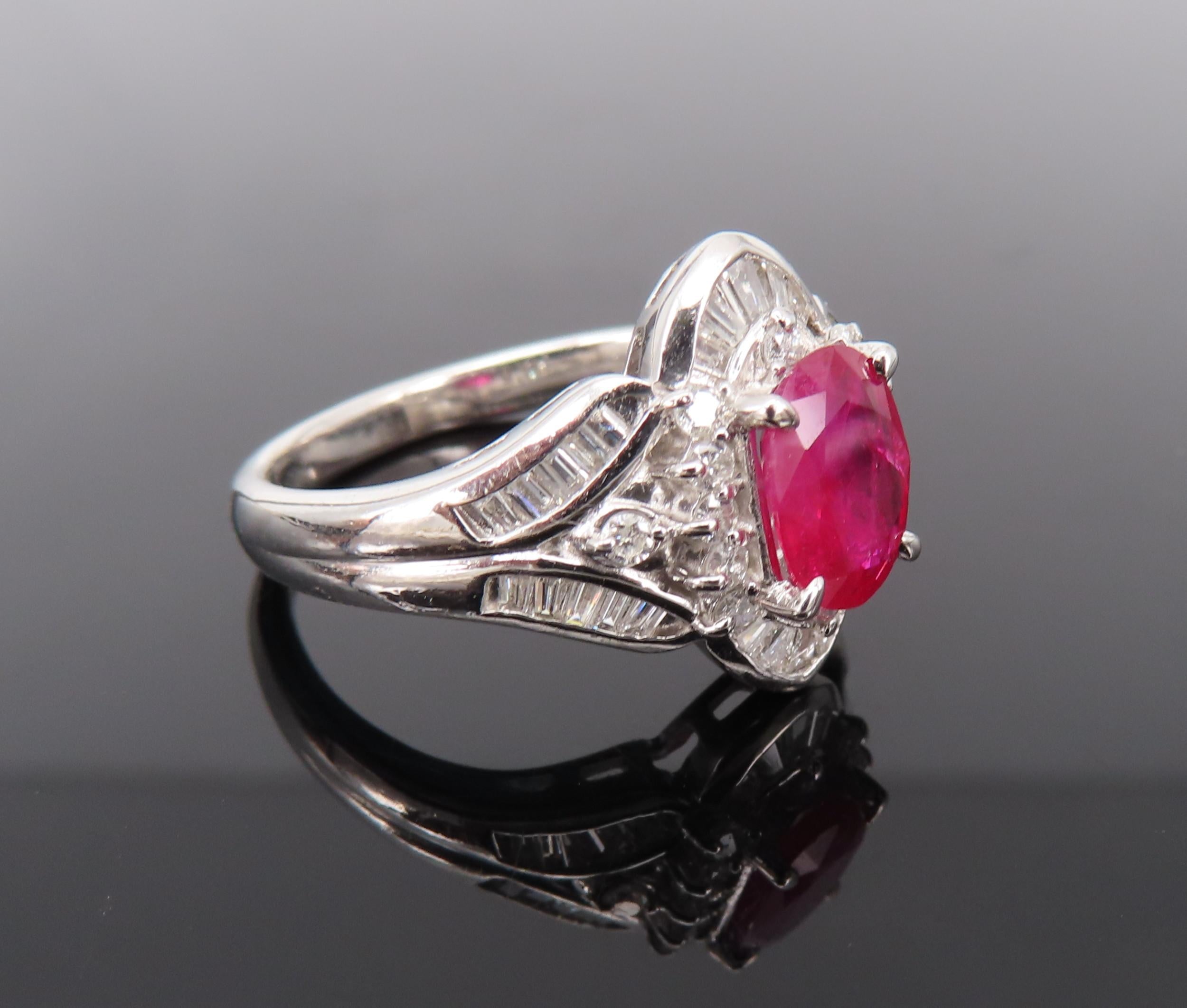 Vintage 1.17ct Vivid Red Ruby & 0.68ct Diamond Platinum Cocktail Ring Size 7