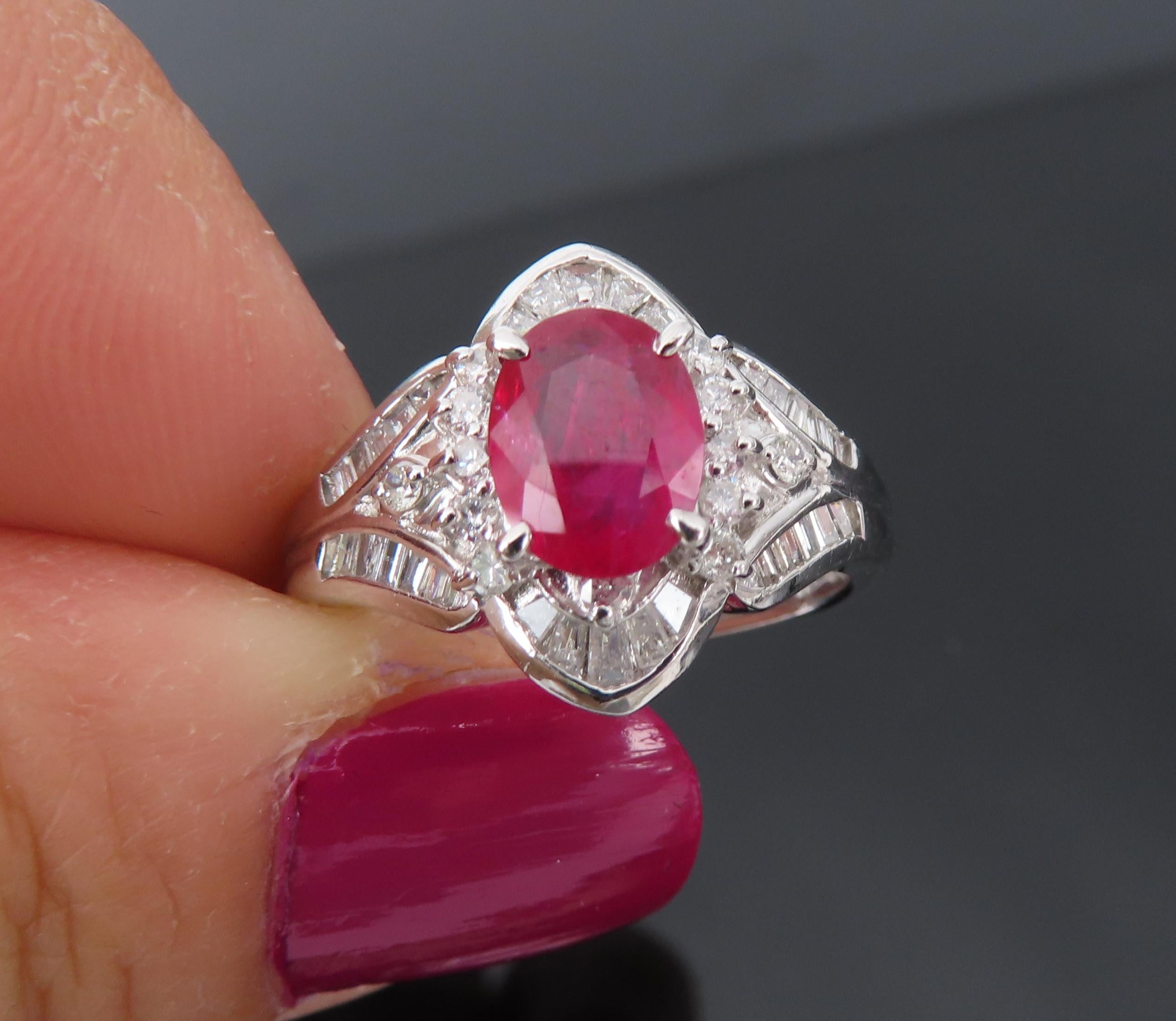 Vintage 1.17ct Vivid Red Ruby & 0.68ct Diamond Platinum Cocktail Ring Size 7