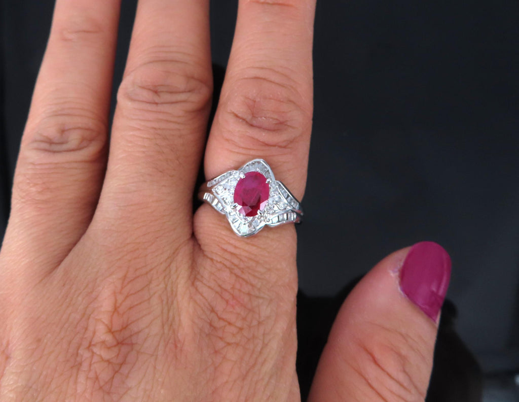 Vintage 1.17ct Vivid Red Ruby & 0.68ct Diamond Platinum Cocktail Ring Size 7