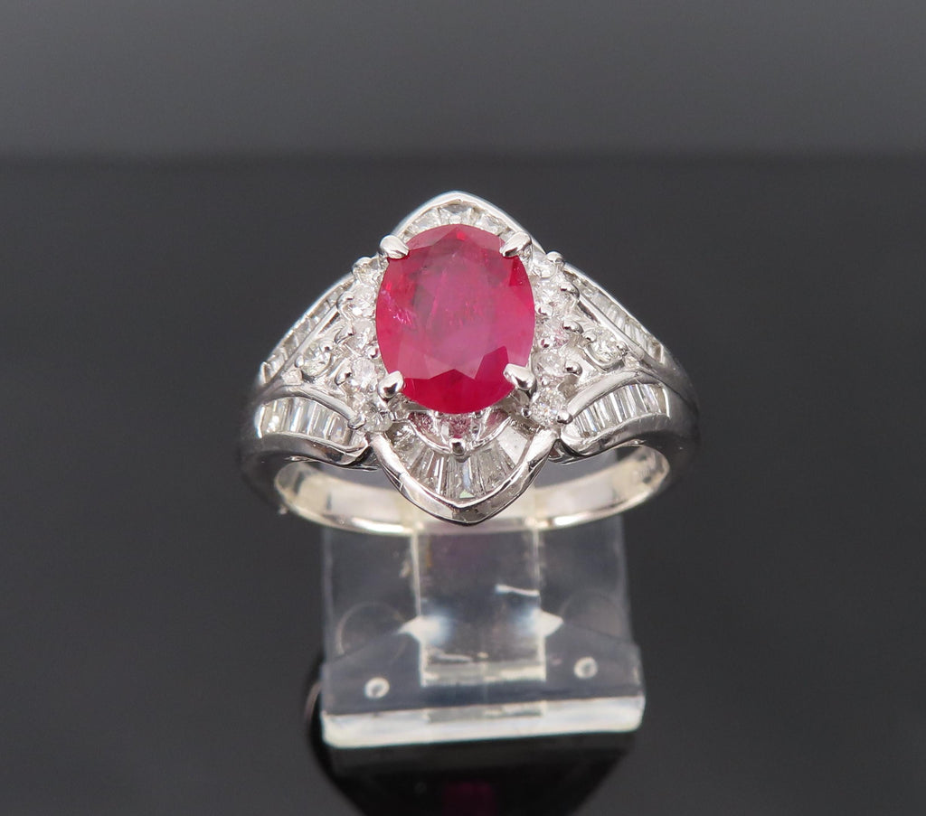 Vintage 1.17ct Vivid Red Ruby & 0.68ct Diamond Platinum Cocktail Ring Size 7